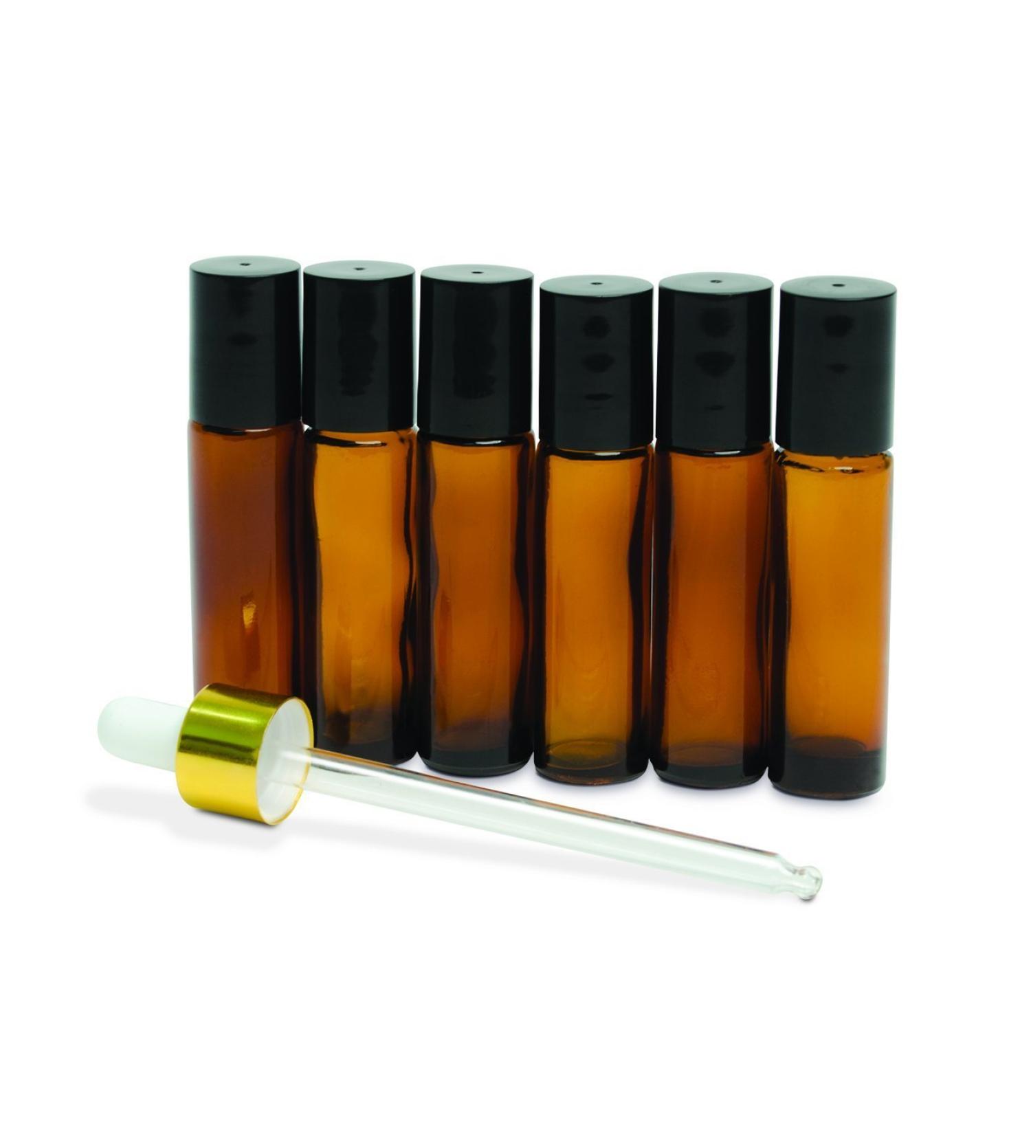 Luresity Travel 6 Pack of 10 Milliliter Amber Glass Roll On Bottles with Stainless Steel Roller Ball and .5 Milliliter Dropper Perfect For Essential Oils Perfumes Aromatherapy