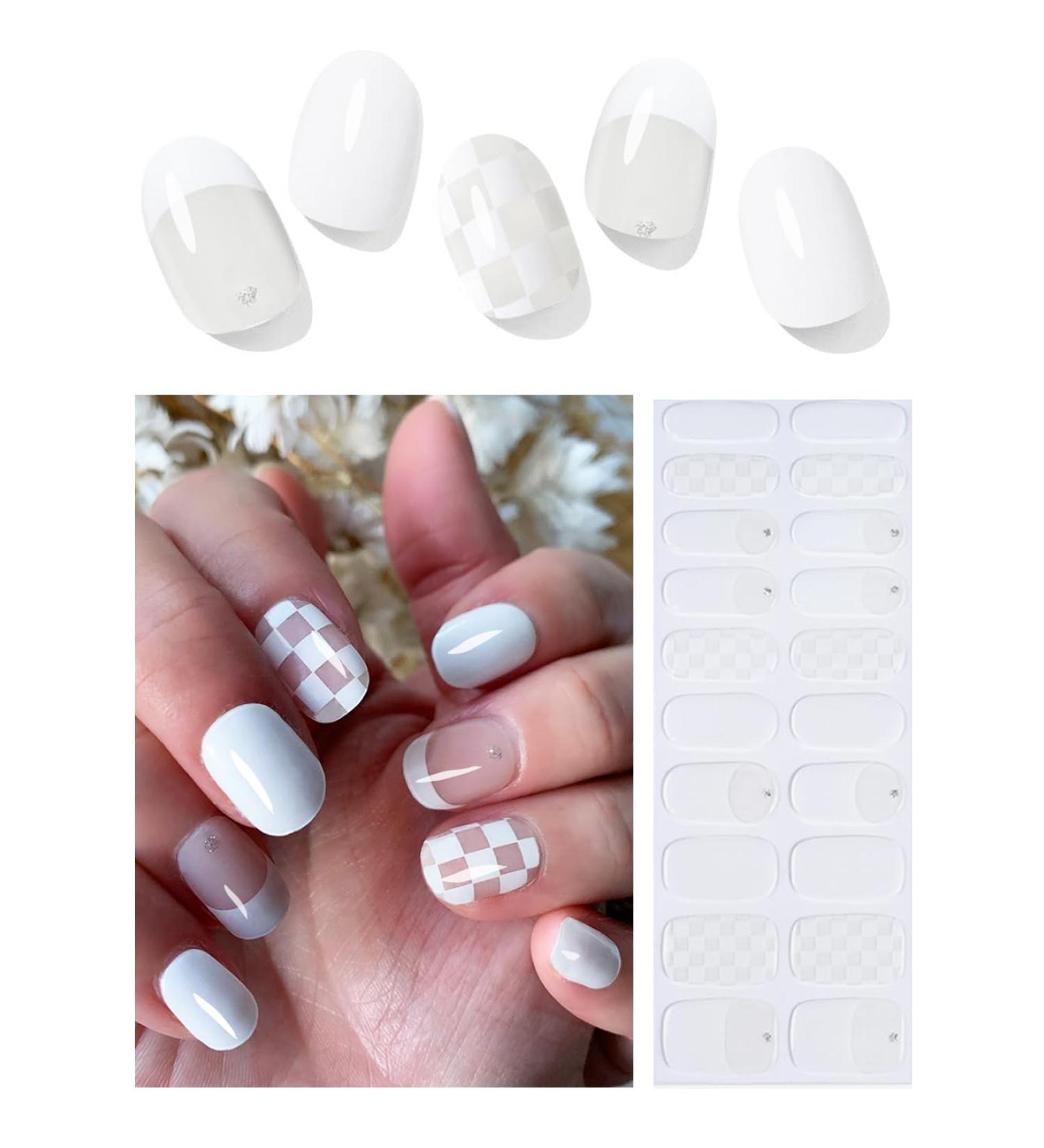 Buy Semi Cured Gel Nail Strips | 20pcs French White Plaid Nail Wraps | UV Gel Nail Stickers for DIY Home Manicure - Buy Online on GoSupps.com