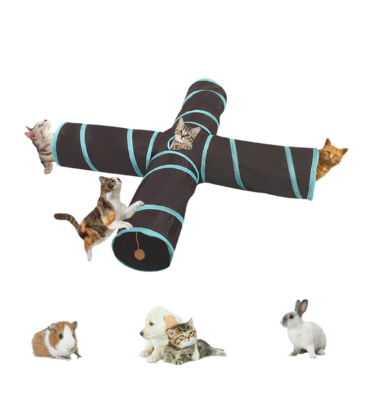 Lightweight Collapsible S-shape Pet Cat Tunnel with Funny Bell and Dangling Fluffy Ball Interactive Maze House Toy for Cat Small Rabbits Kittens Puppy Ferrets Guinea Pig (4 way Blue/Black) 4 way Blue - Buy Online on GoSupps.com