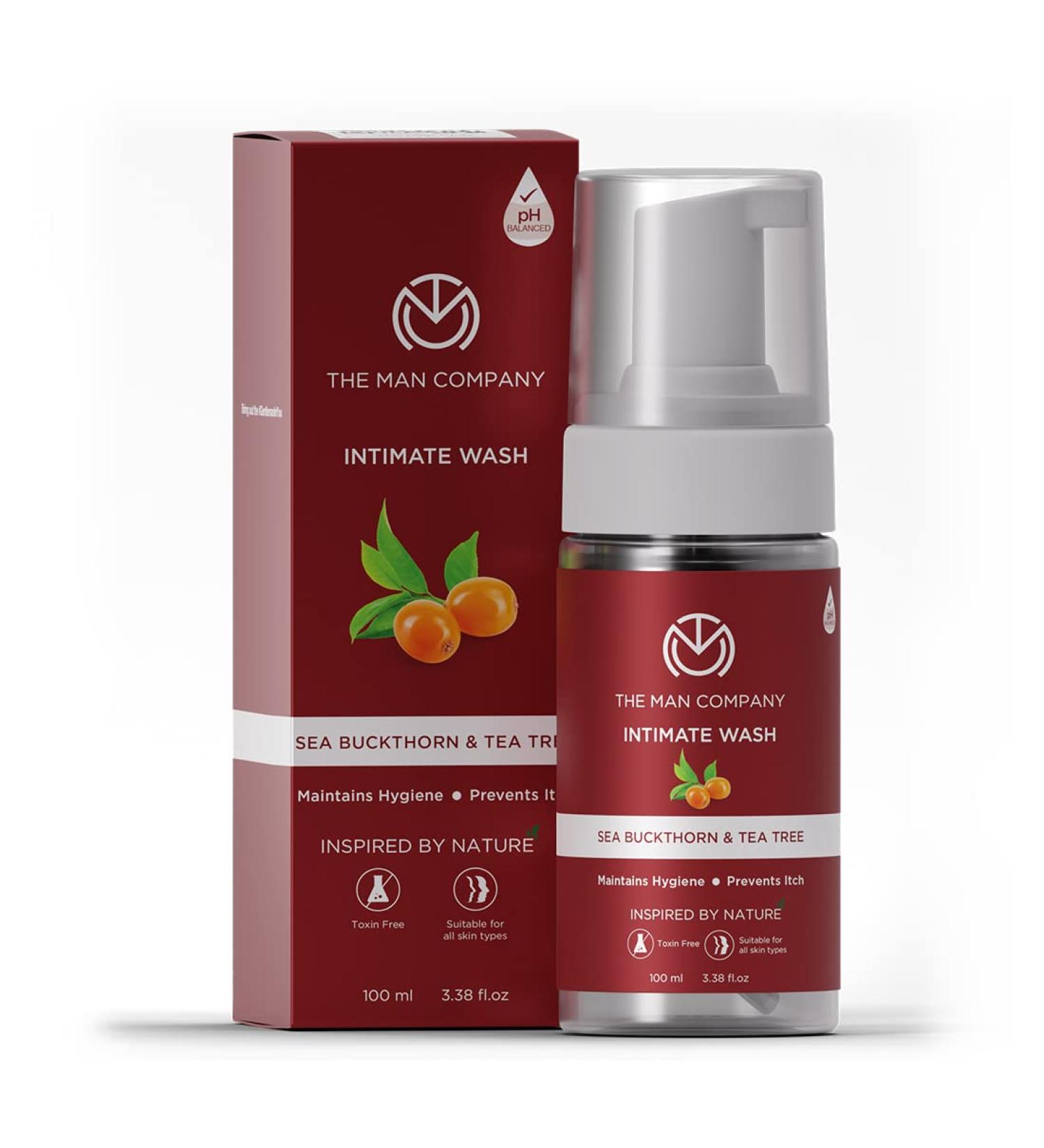 The Man Company Intimate Wash for Men with Tea Tree & Sea Buckthorn Oil - 3.4 Oz | Foaming Anti Bacterial, pH Balanced, Prevents Bad Odour & Itching - Buy Online on GoSupps.com