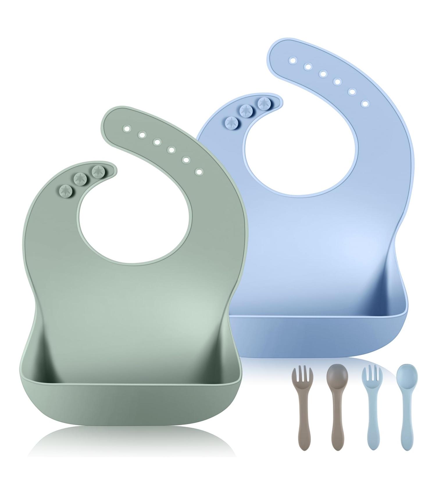 Vicloon Silicone Baby Bib 2PCS | Waterproof Baby Feeding Bibs with Fork Spoon | Adjustable & Easy to Clean | Wide Food Catcher Pocket | Unisex Toddler Bibs - Blue-Dark Green - Buy Online on GoSupps.com