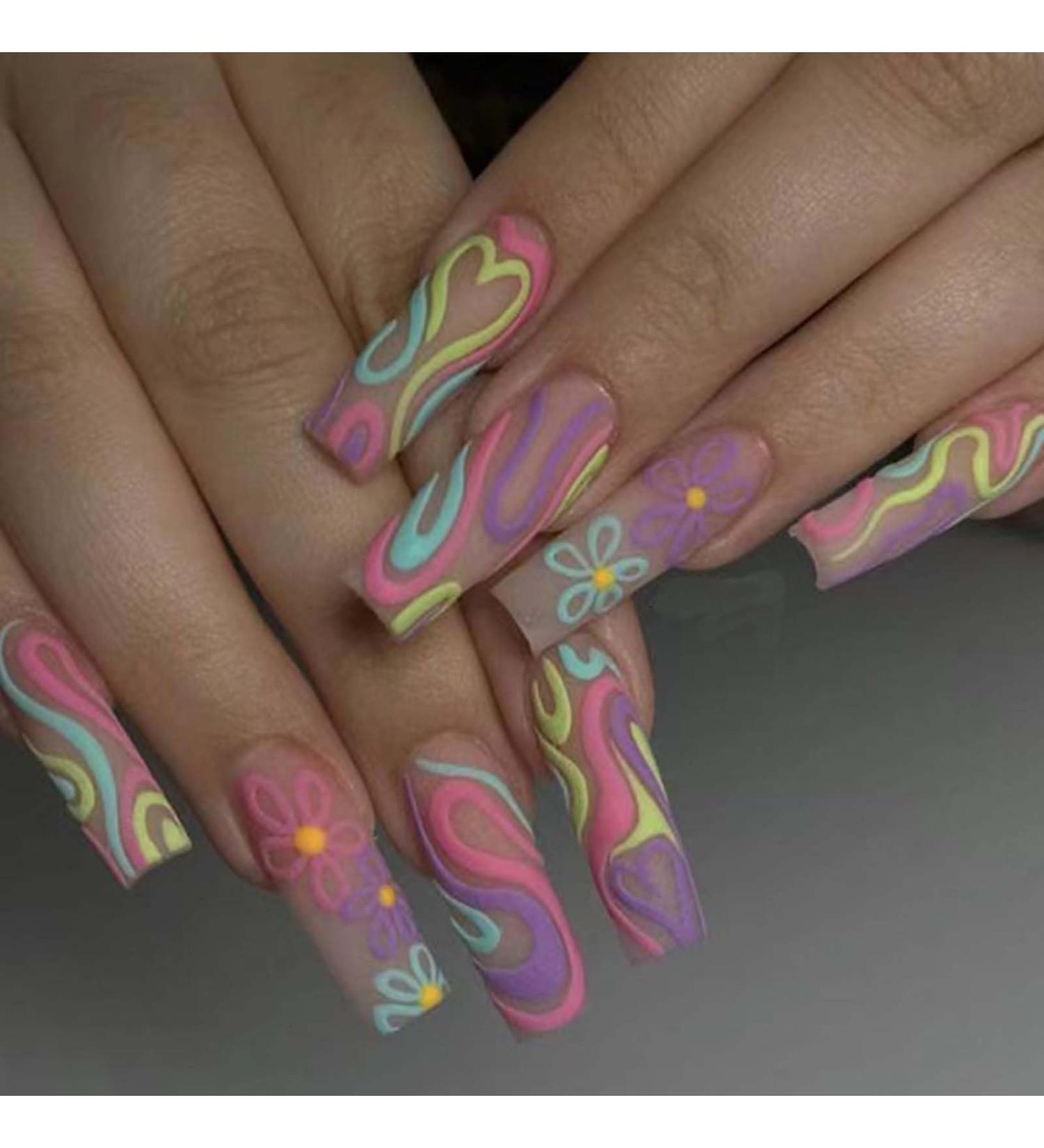 Buy Pink Long Fake Nails with Flower Design - Full Cover Acrylic Matte Rhinestones - 24PCS for Women & Girls | International Shipping Available - Buy Online on GoSupps.com