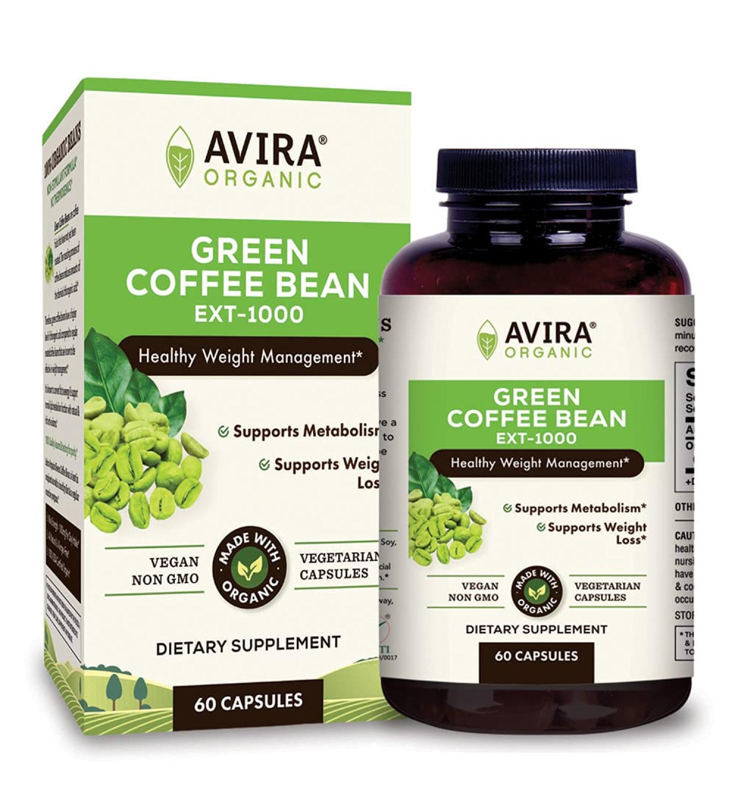 Avira Organic Green Coffee Bean Ext-1000 | USDA Organic Extract 50% Chlorogenic Acid | Non-Stimulant Formula for Weight Loss & Metabolism | Non-GMO | Allergen Free | Max Strength 1000mg Per Serving - Buy Online on GoSupps.com
