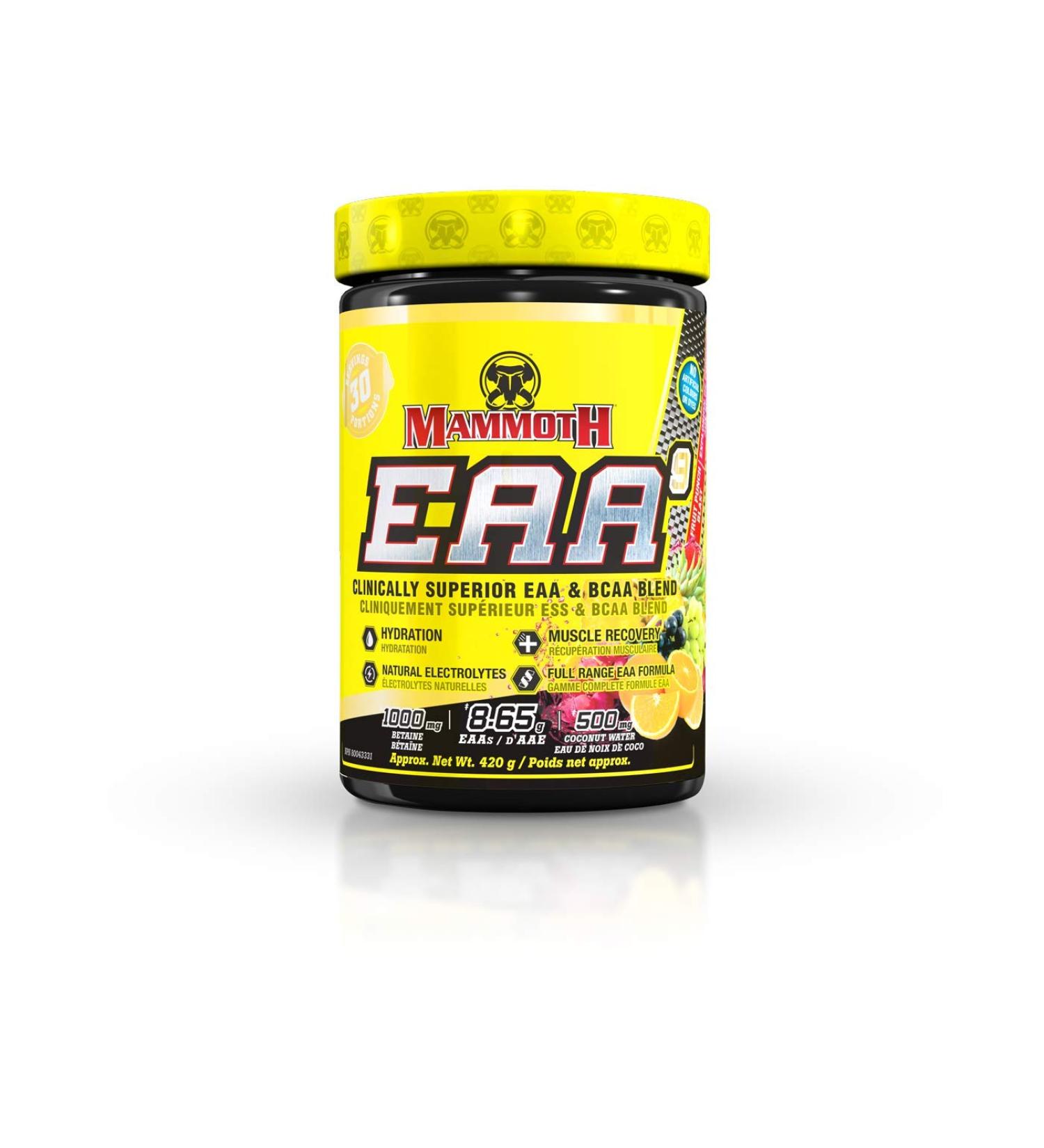 Mammoth EAA9 Performance EAA + BCAA Formula Full Spectrum EAAs 6g BCAA Blend High Leucine for Muscle Recovery Electrolytes: Coconut Water + Himalayan Sea Salt Sugar Free Zero Calorie 30 Servings 30 servings Fruit Punch Blast 390 gram - Buy Online on GoSupps.com