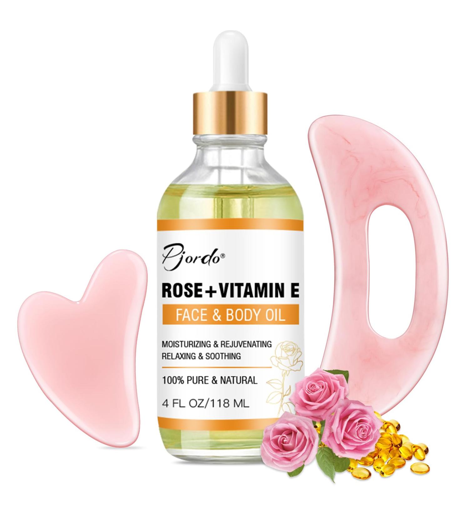 Vitamin E Rose Oil & Gua Sha Massage Tools Set - Organic Moisturizing Oil for Face Body Anti-Aging & Joint Relief - 4 oz - Buy Online on GoSupps.com