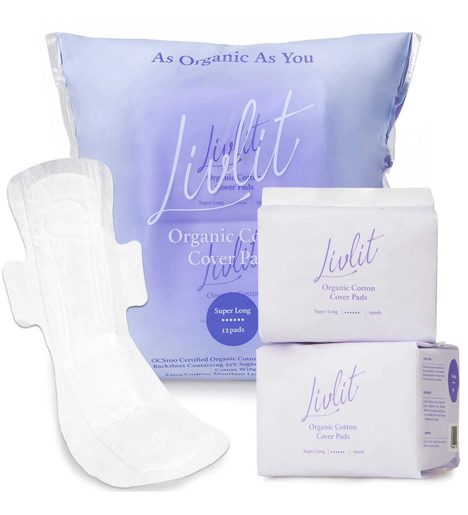 Livlit Super Long Overnight Pads - 100% Organic Cotton - Heavy Absorbency & Leak Protection - Unscented - Extra Long Length for Women - 12 Count - Buy Online on GoSupps.com