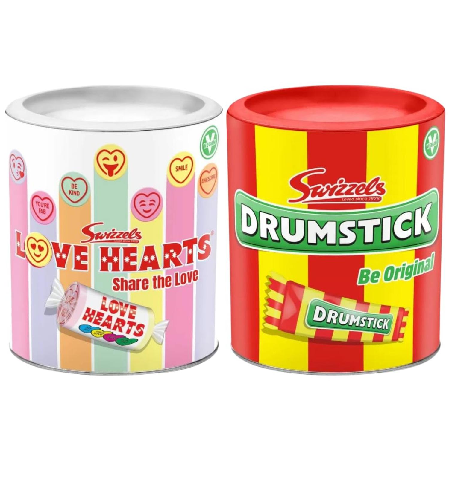 Swizzels Drumstick Gift Drum 200g With Love Heart Gift Drum 200g (2 Pack Mixed Bundle)