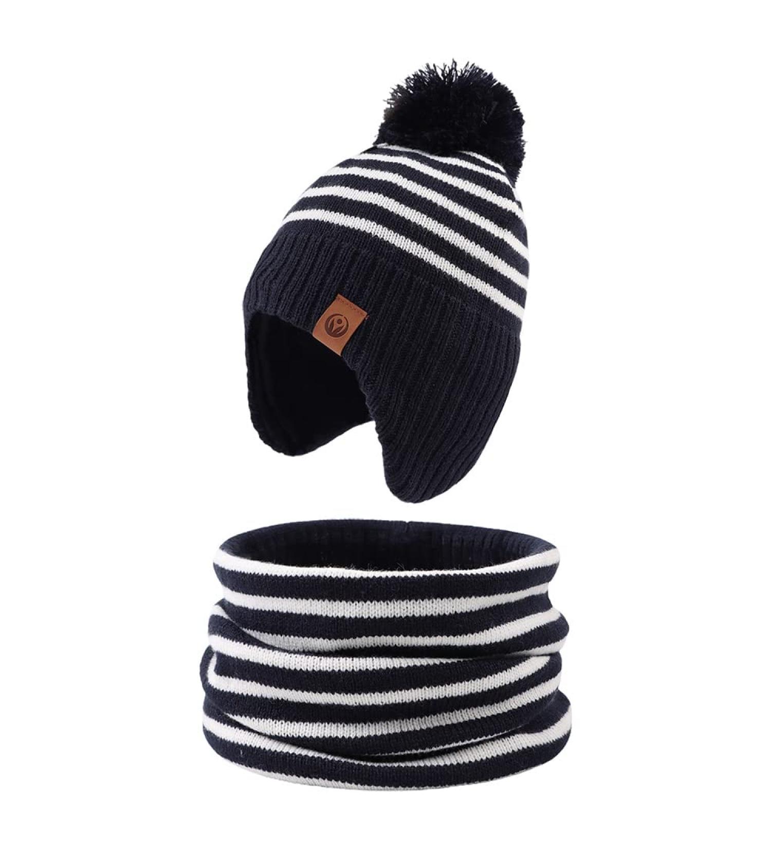 XIAOHAWANG Navy Striped Winter Baby Beanie Hat & Scarf Set | 9-24 Months - Buy Online on GoSupps.com