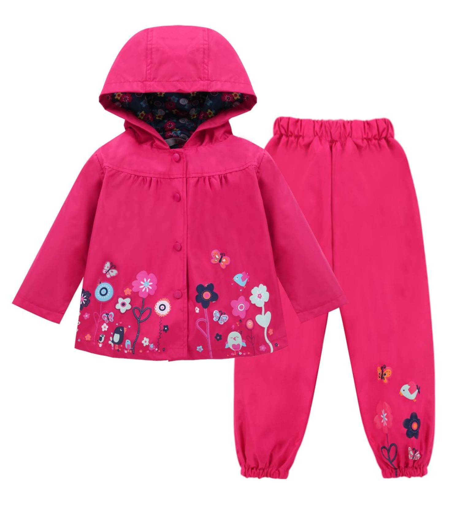 LZH Baby Girls Waterproof Raincoat Suit in Magenta, 2Pcs Hooded Coat Jacket & Trousers Set | Size 5-6 Years - Buy Online on GoSupps.com