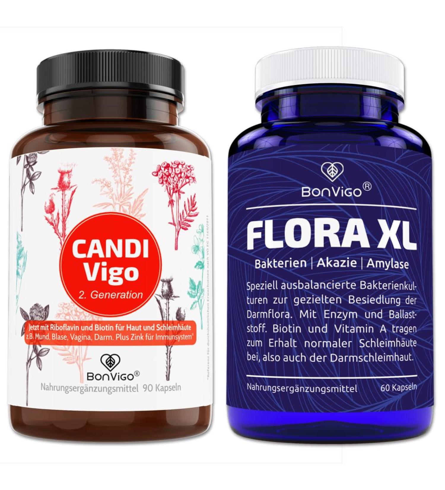 Buy BONVIGO DUO: Candivigo & Flora Darm XL - 60 Natural Capsules for Gut Health Enzymes & Fiber Ideal Home Remedies for Diet & Wellness - Buy Online on GoSupps.com