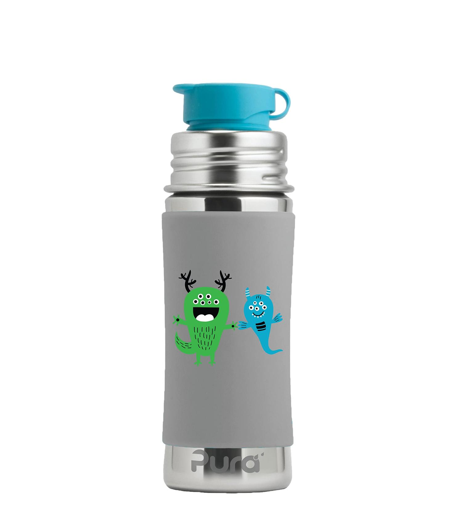 Pura Sport Mini Bottle 11oz w/Sleeve & Silicone Big Mouth Top - Stainless Steel Leak-Proof for Kids - Monster Design - Buy Online on GoSupps.com