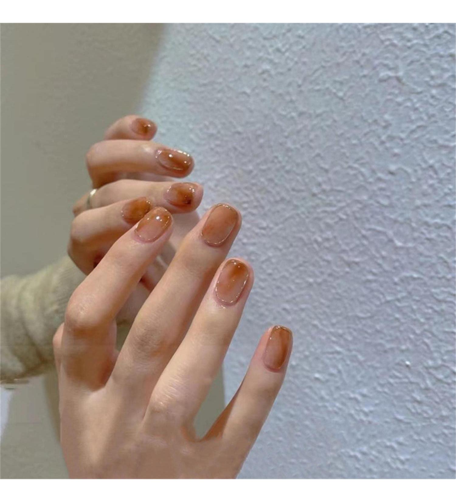 Press on Nails Short Style Fake Nails 24Pcs Shiny Amber False fingernail with Self-Adhesive Jelly Nail Glue Tabs Press On False Nails - Buy Online on GoSupps.com