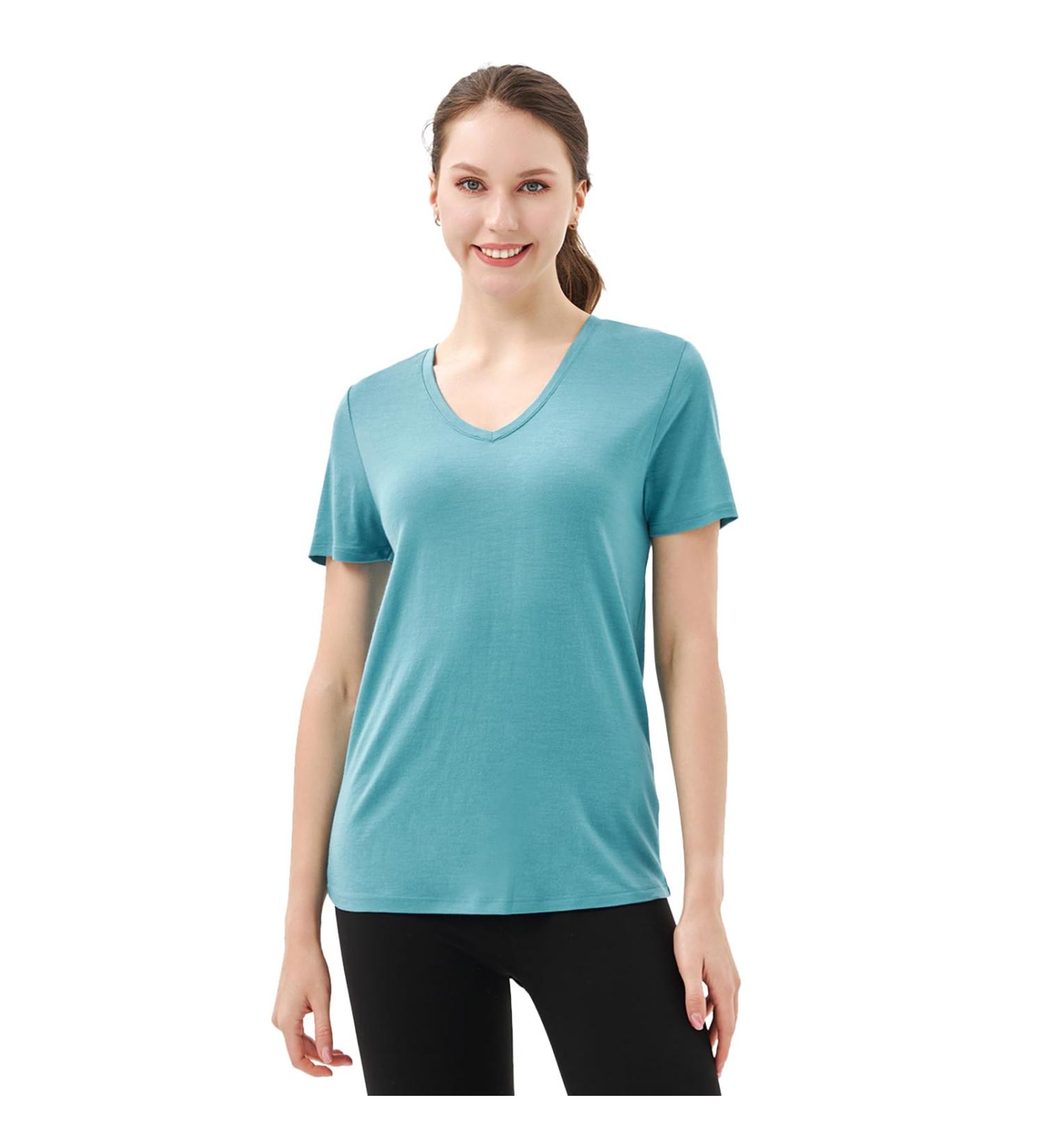 Women's 100% Merino Wool V-Neck Shirt - Odor Resistant Short Sleeve Functional Undershirt for Travel & Hiking | Merino Protect Petrol - Buy Online on GoSupps.com