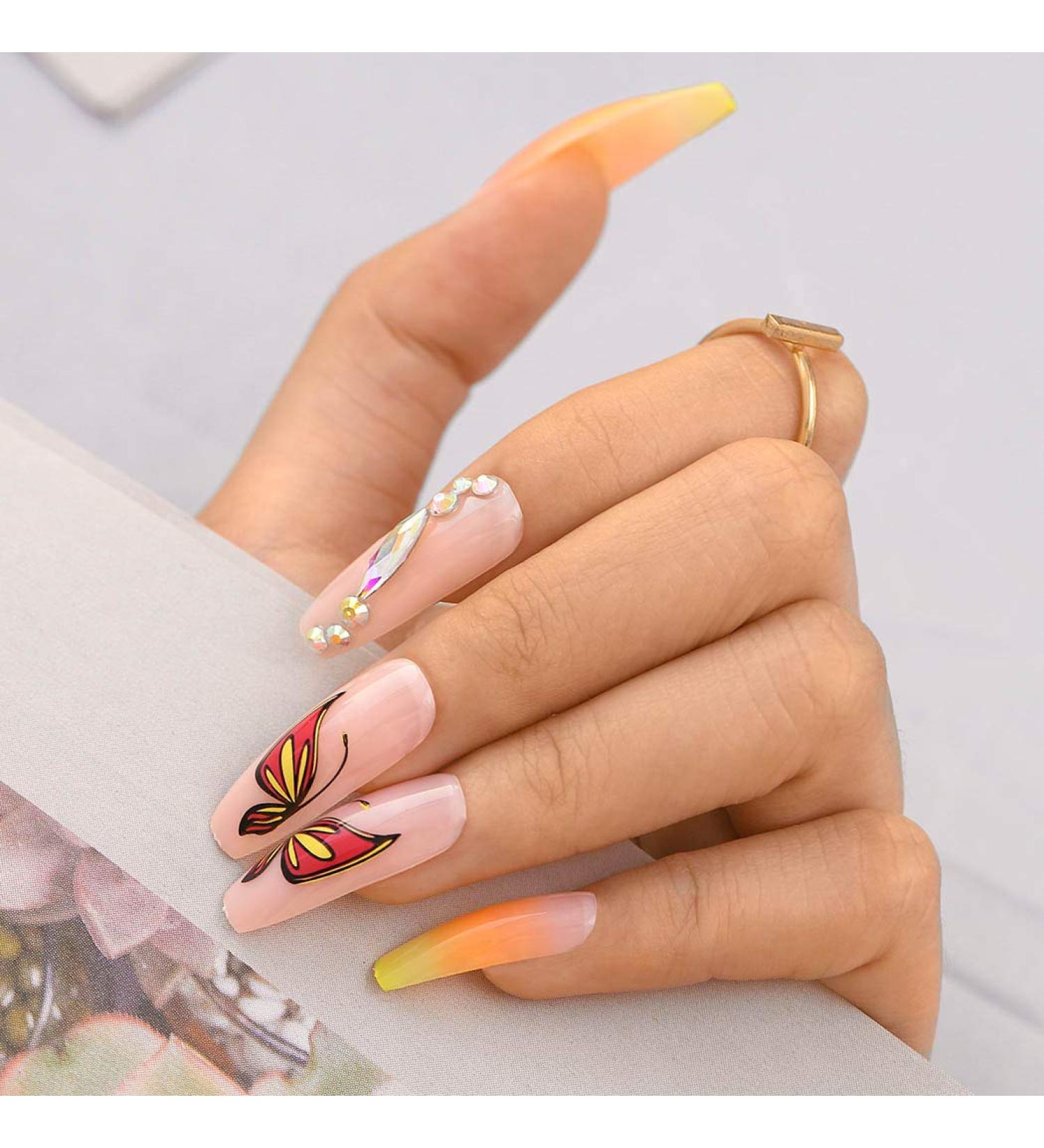 Sethexy Long Gradient Ballerina False Nails | Shiny Pink Orange Butterfly Coffin Acrylic Art Tips | 24pcs for Women & Girls - Buy Online on GoSupps.com