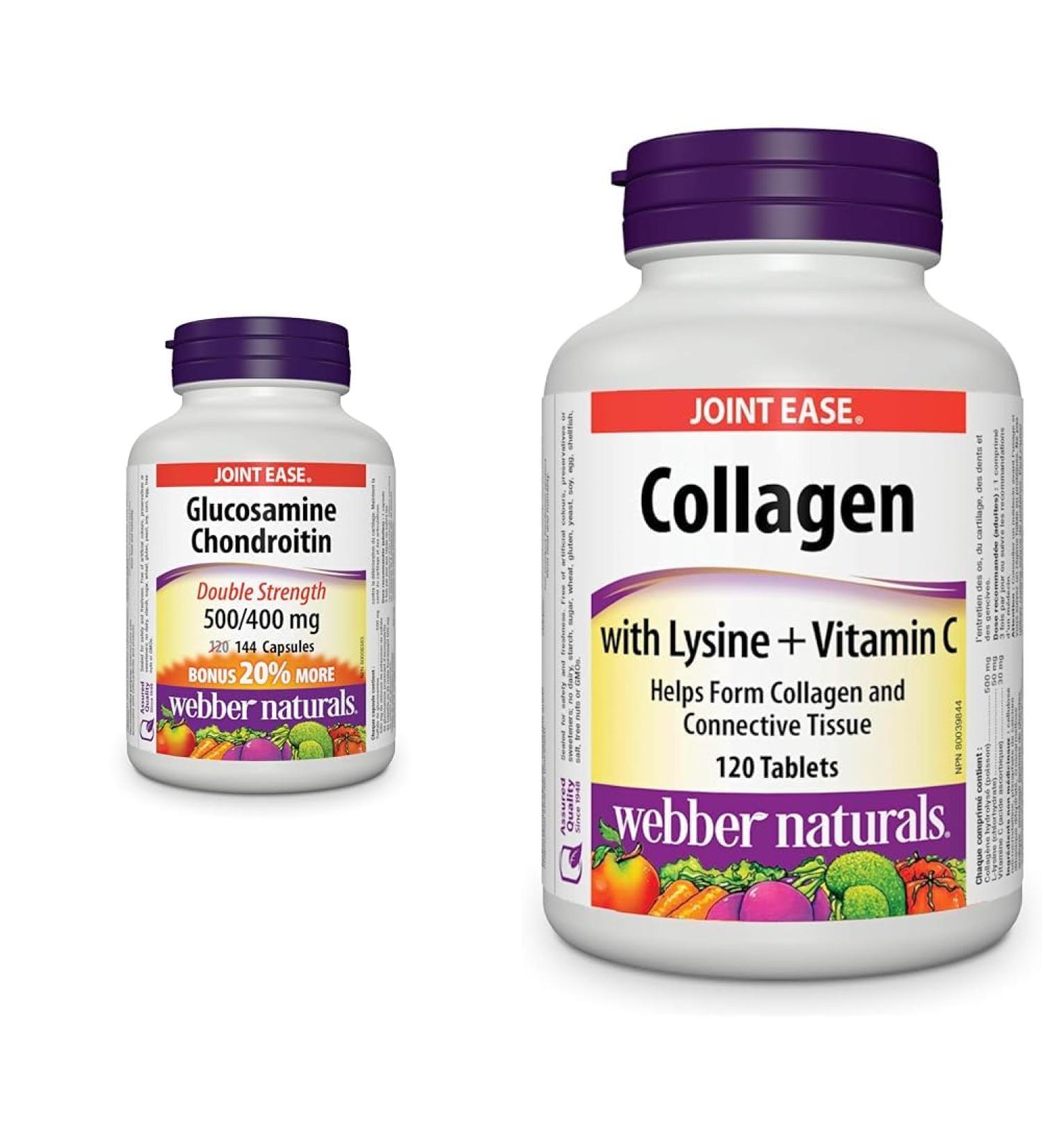 Webber Naturals Glucosamine Chondroitin Double Strength 144 Capsules Helps Relieve Joint Pain Associated with Osteoarthritis & Collagen with Lysine and Vitamin C 120 Tablets Helps Support Joints Glucosamine Chondroitin + Collagen - Buy Online on GoSupps.com