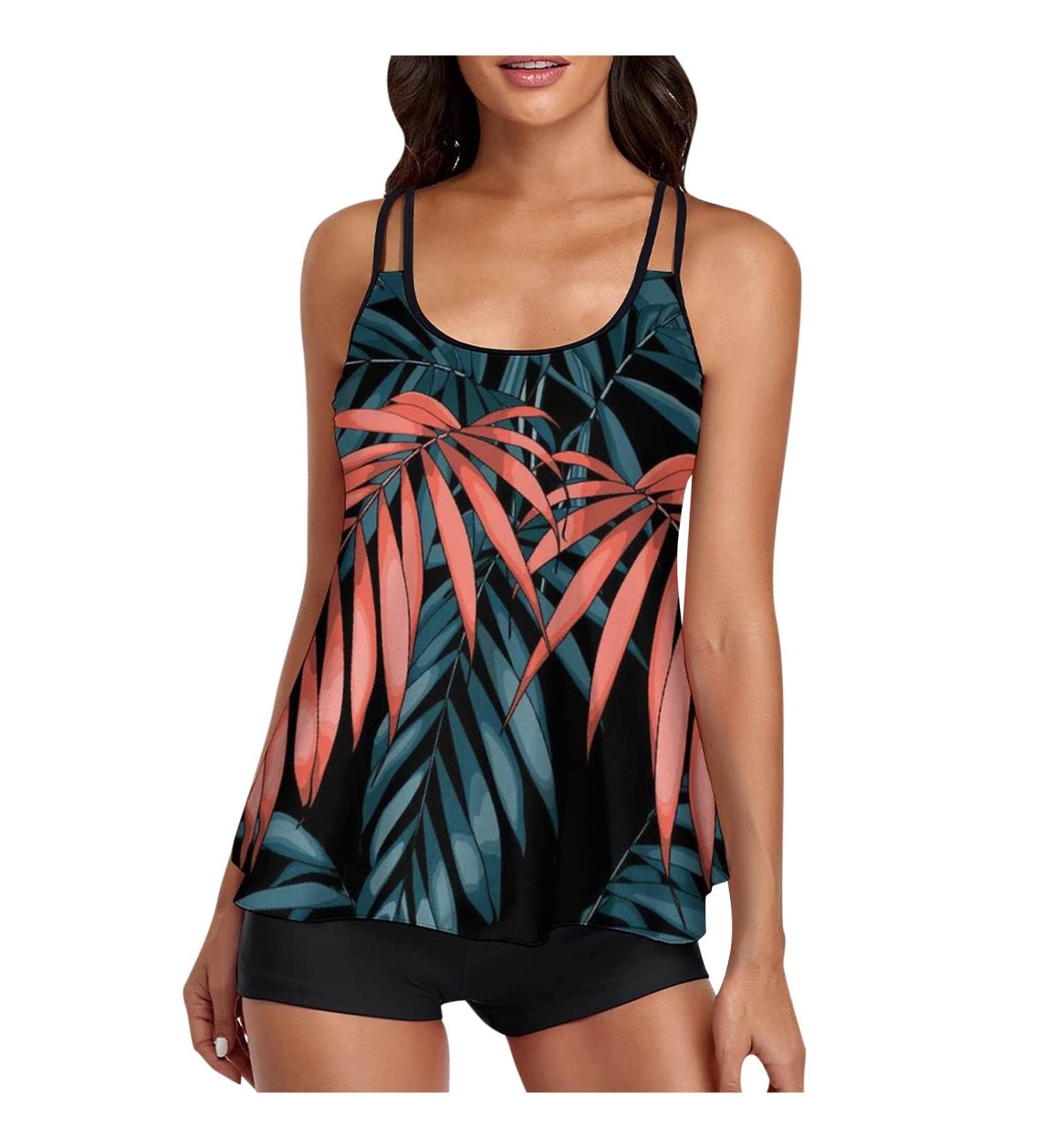 Floral Tankini Swimsuit for Women - Modest Loose Fit Two Piece Bathing Suit - Large Red - Buy Online on GoSupps.com