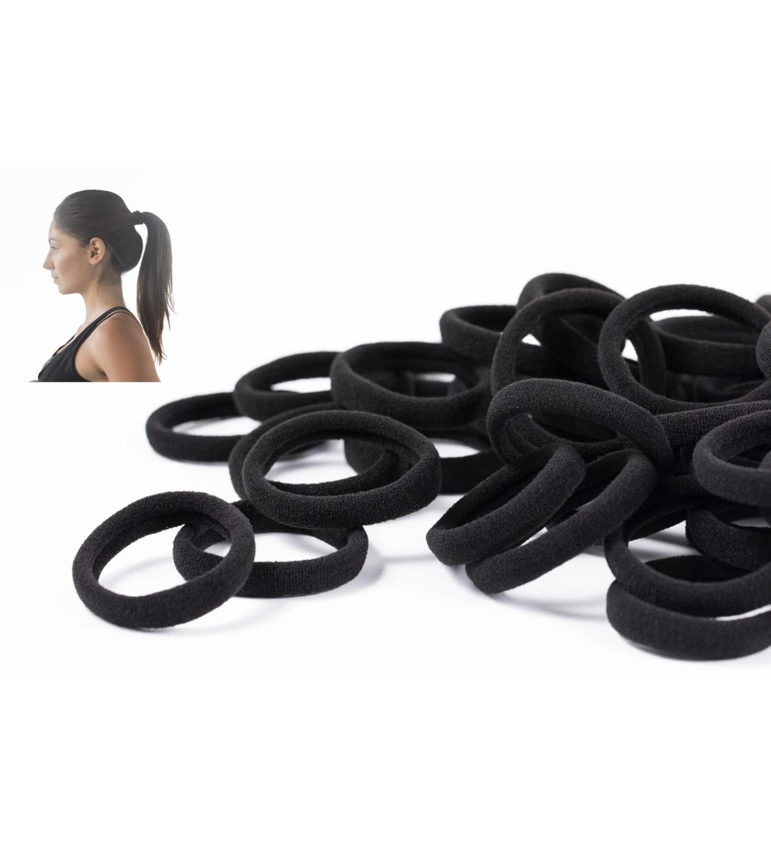 50 Black Seamless Hair Ties for Women - Strong Hold Ponytail Holders - No Damage to Thick Hair - 2 Inch Diameter - Pack of 50 - Buy Online on GoSupps.com