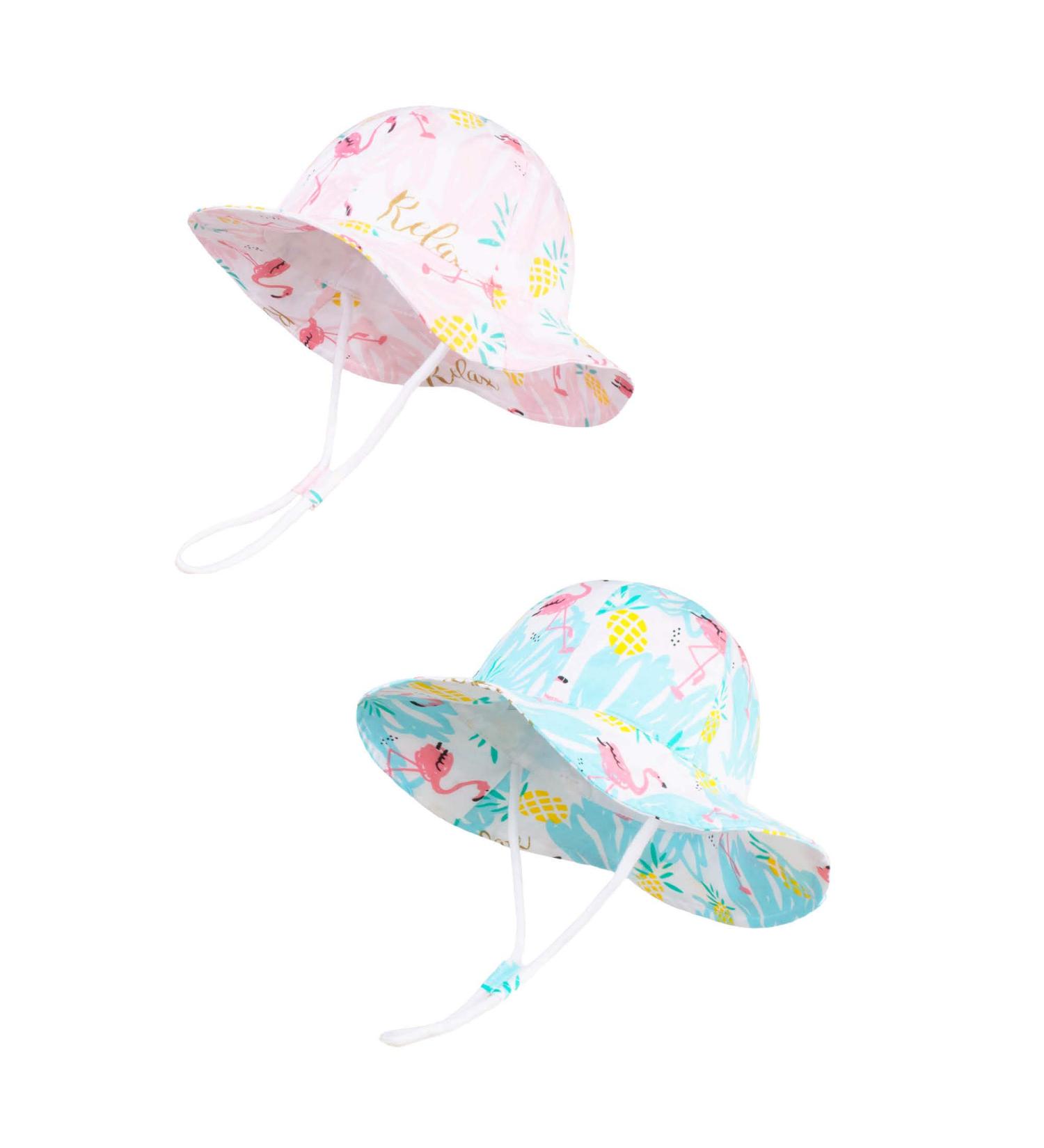 LANGZHEN Beach Sun Protection Hat for Baby Girls | Adjustable Toddler Kids Wide Brim Play Hat | Flamingo-Pink+Blue | 2-4 Years - Buy Online on GoSupps.com
