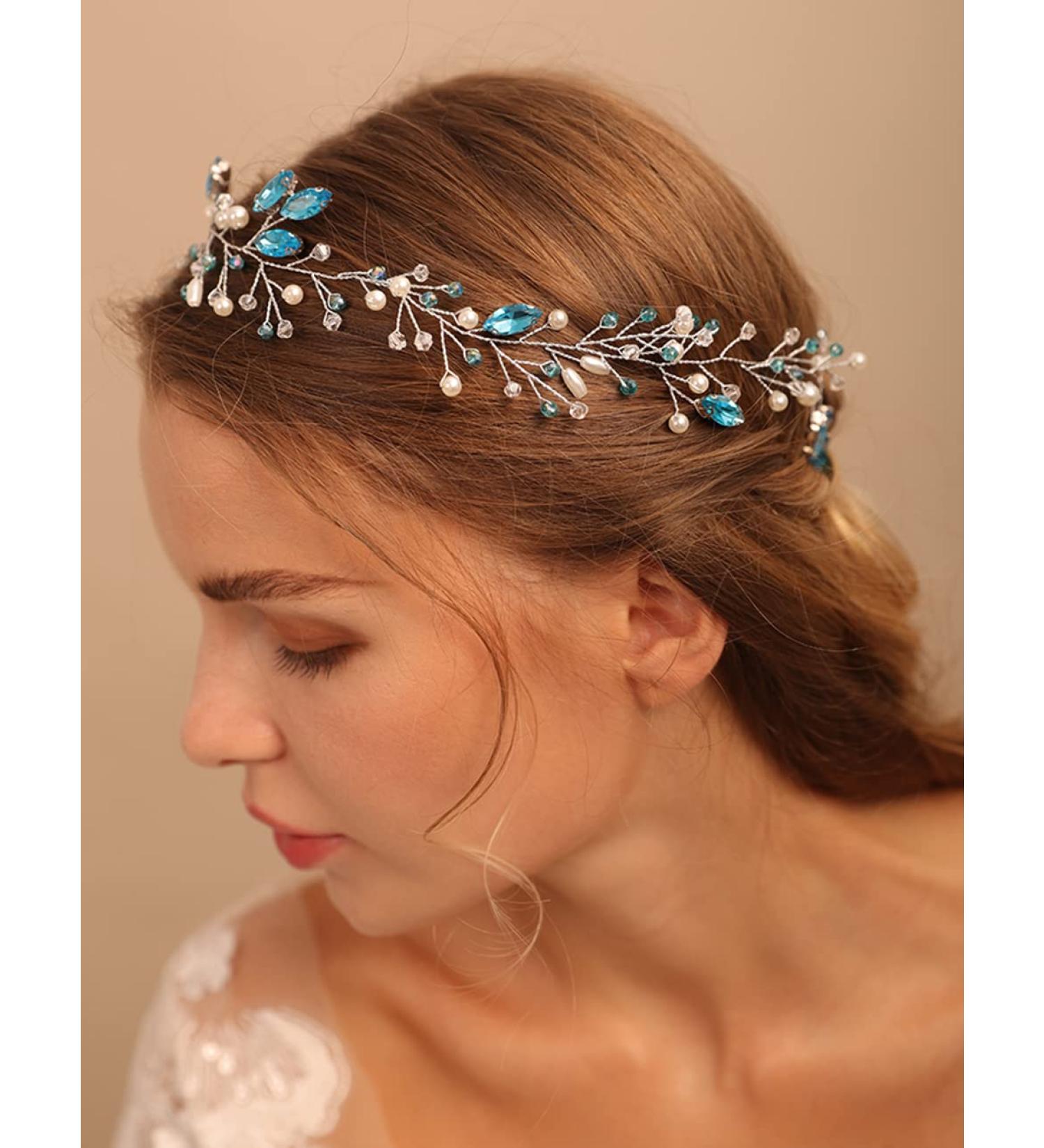 Deniferymakeup Women Pearl Wreath Light Blue Crystal Hair Vine Rhinestone Wedding Hair Accessory Gift for Her Party Headpiece for Bride Bridesmaid Girls - Buy Online on GoSupps.com