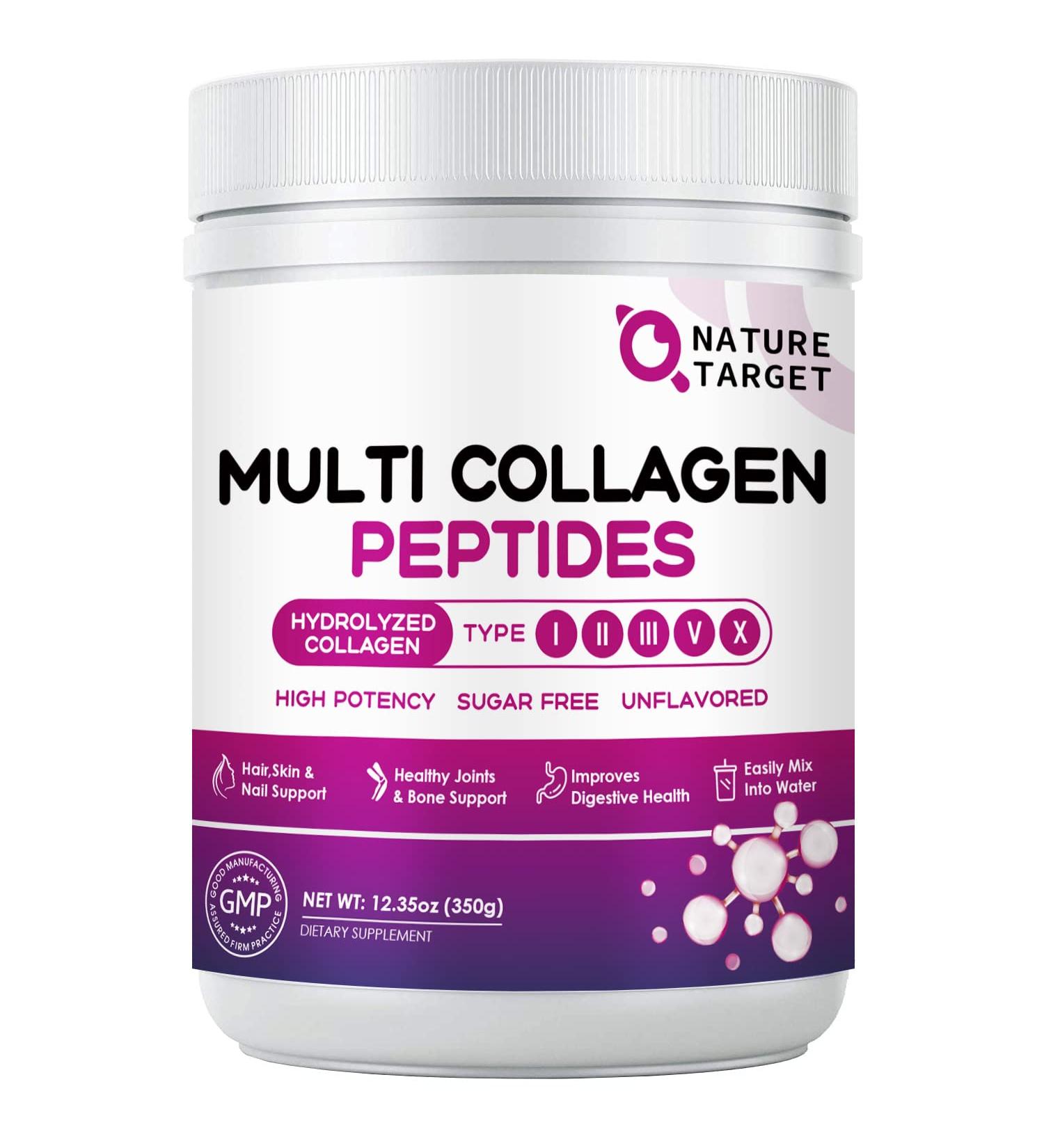 NATURE TARGET Multi Collagen Peptides Powder - Type I II III V X - Hydrolyzed Collagen Peptides with Vitamin C Hyaluronic Acid Supports Skin Hair Nail & Joint Grass-Fed Non-GMO 35 Servings 12.35 Ounce (Pack of 1) - Buy Online on GoSupps.com