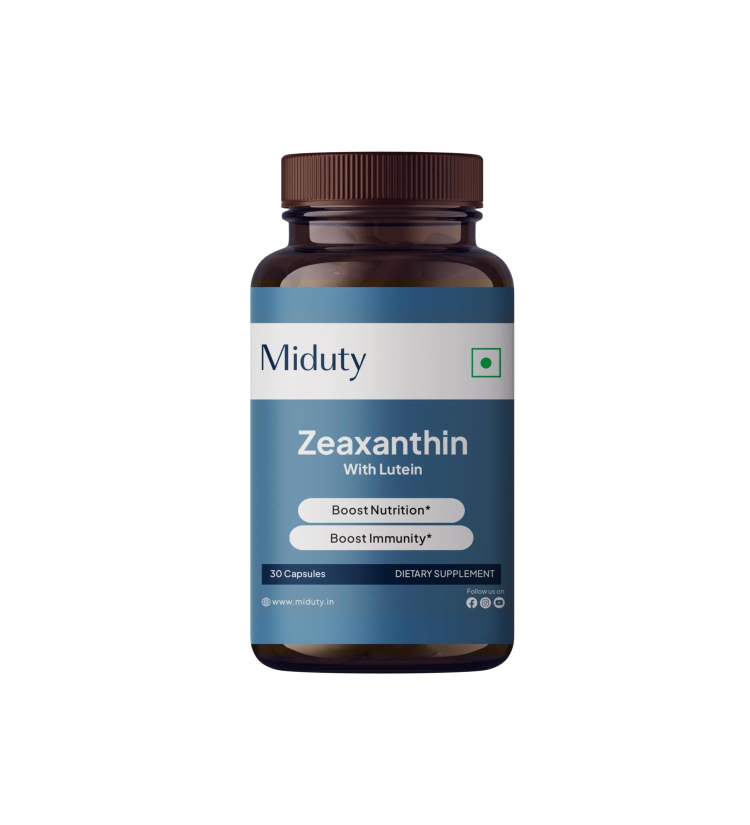 Miduty Zeaxanthin & Lutein - Eye Health Supplement - Vitamin A - Astaxanthin - Antioxidant Formula - Bluelight Protection - Gluten Free - Non-GMO - 30 Capsules - Buy Online on GoSupps.com