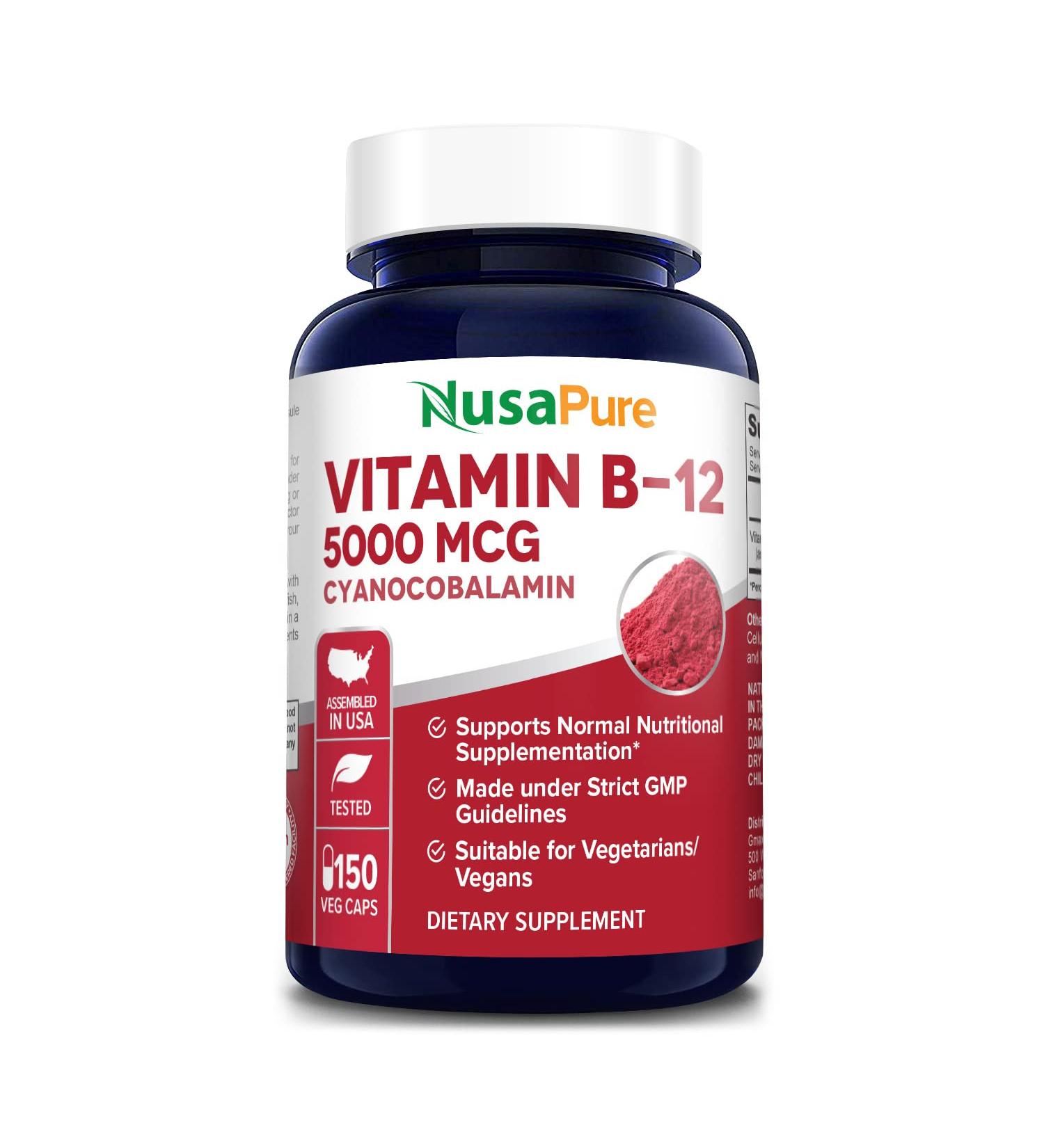 NusaPure Vitamin B12-5000 MCG 150 Veggie Capsules | Non-GMO & Gluten Free | Max Strength B12 Supplement - Buy Online on GoSupps.com