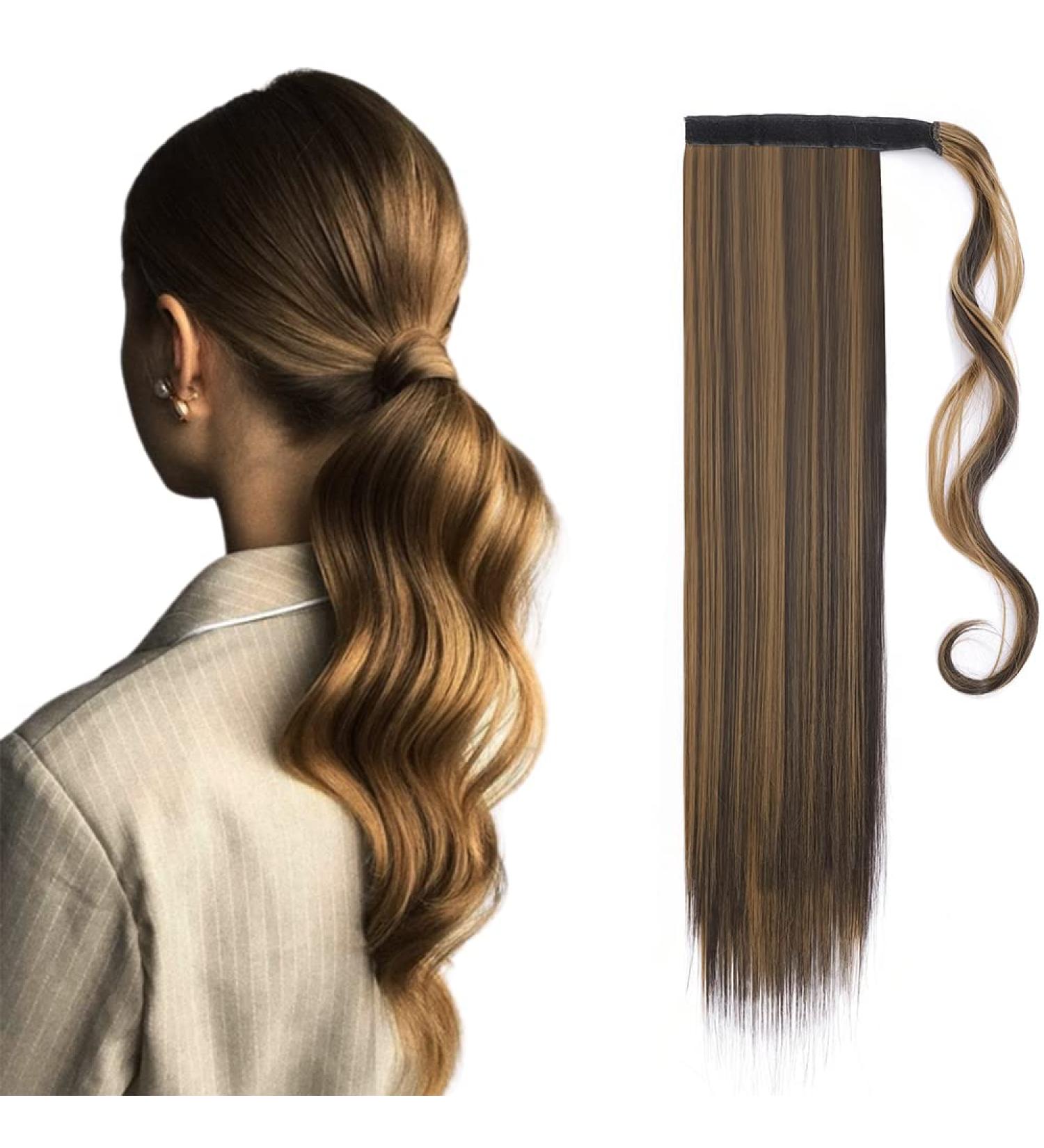 Ponytail Extension Wrap Around Long Straight Curly Clip in Ponytail Hair Extensions for Women Brown Black Blonde Hairpiece 23"-Straight Dark Brown & Sandy Blonde - Buy Online on GoSupps.com