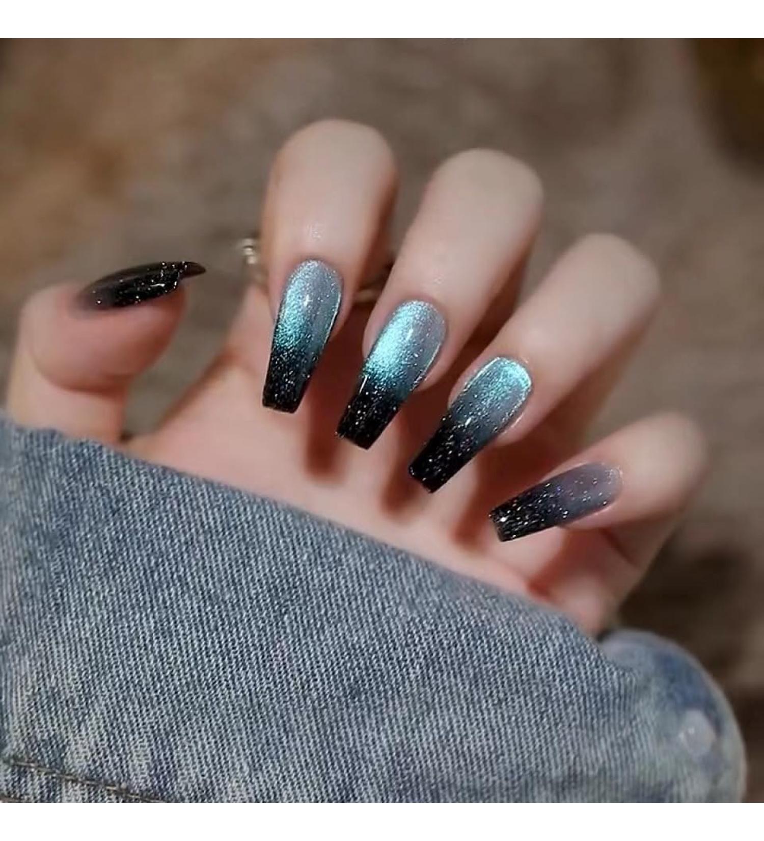 Shop Long Coffin Green Gradient Press On Nails | Cat Eye Acrylic False Nails for Women - Stylish & Easy to Apply - Buy Online on GoSupps.com