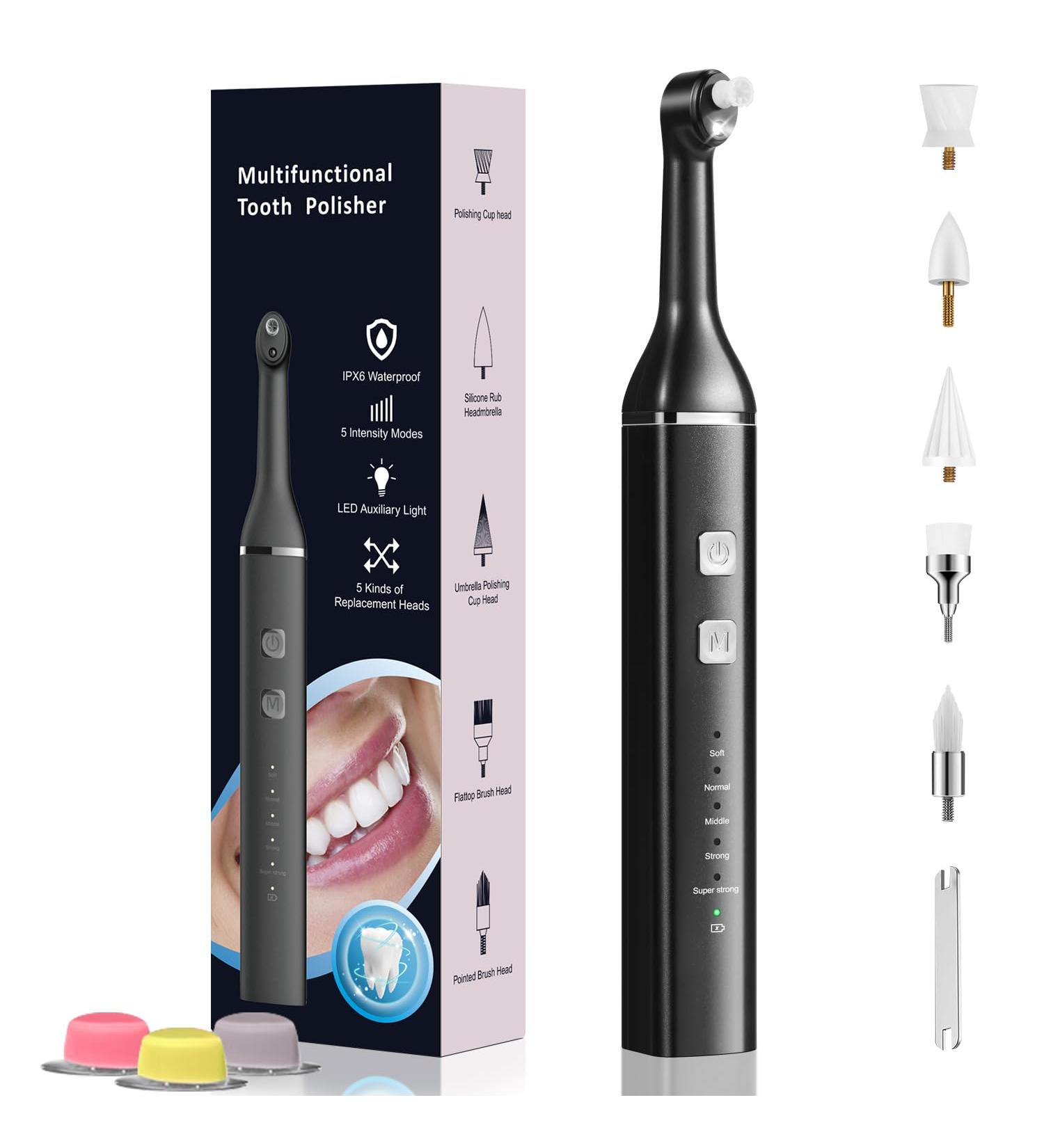 Rechargeable Tooth Polisher Kit - 5 Brush Heads 3 Polishing Pastes LED Light IPX6 5 Speed Modes - Professional Teeth Cleaning for a Bright Smile - Buy Online on GoSupps.com