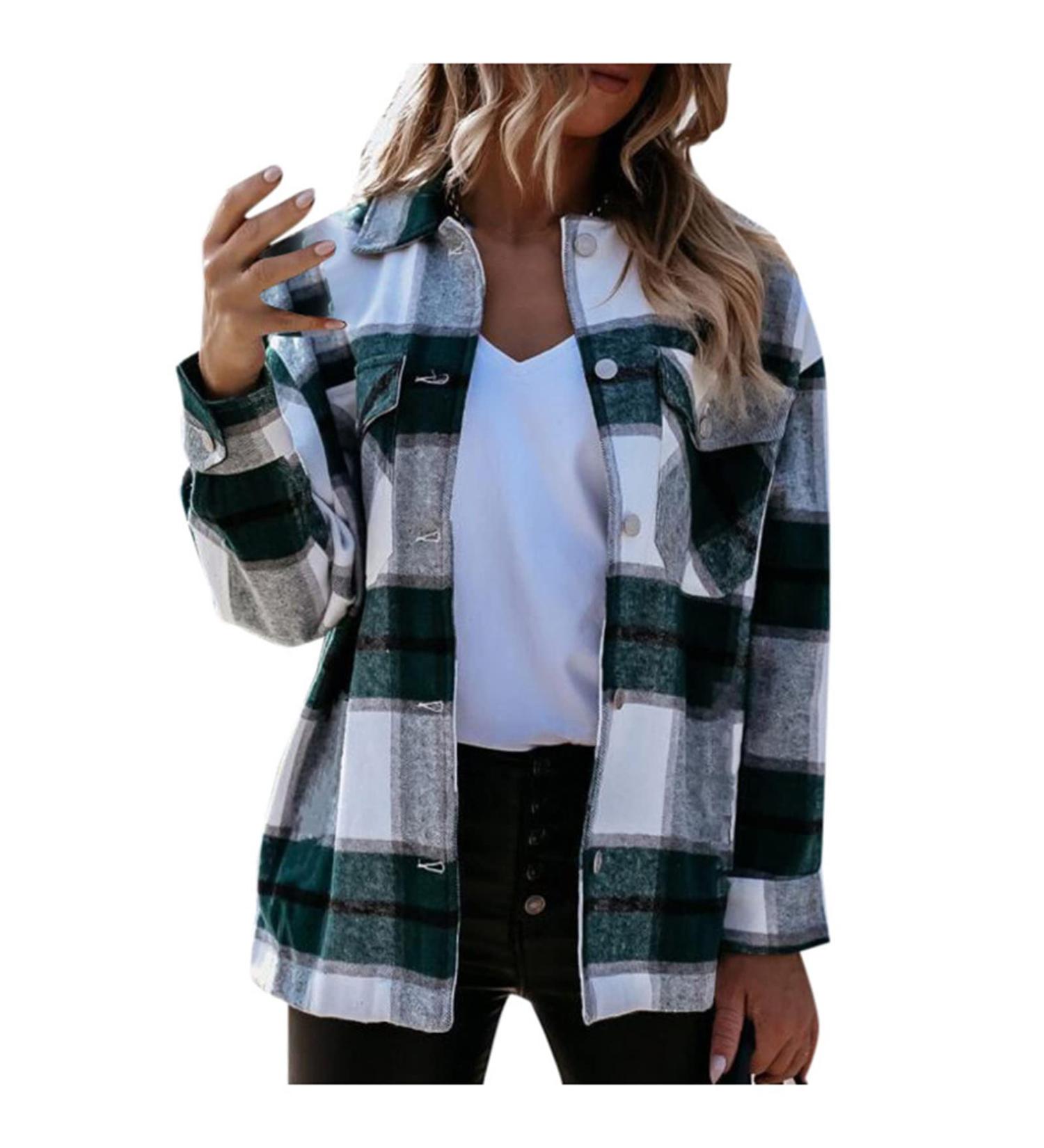 Routinfly Women's Casual Plaid Button Down Wool Blend Shacket Jacket - Spring Autumn Lapel Coat in Green XL | International Shipping Available - Buy Online on GoSupps.com