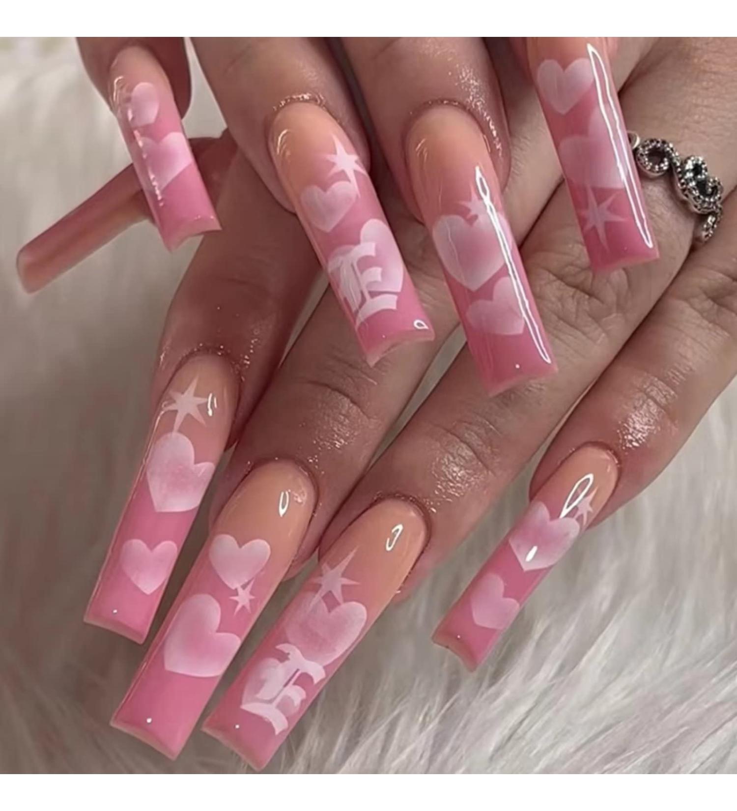 Runrayay Pink Love Press on Nails - 24-Piece Acrylic Coffin Nail Kit for Women | Complete Nail Tips for Easy Application - Buy Online on GoSupps.com