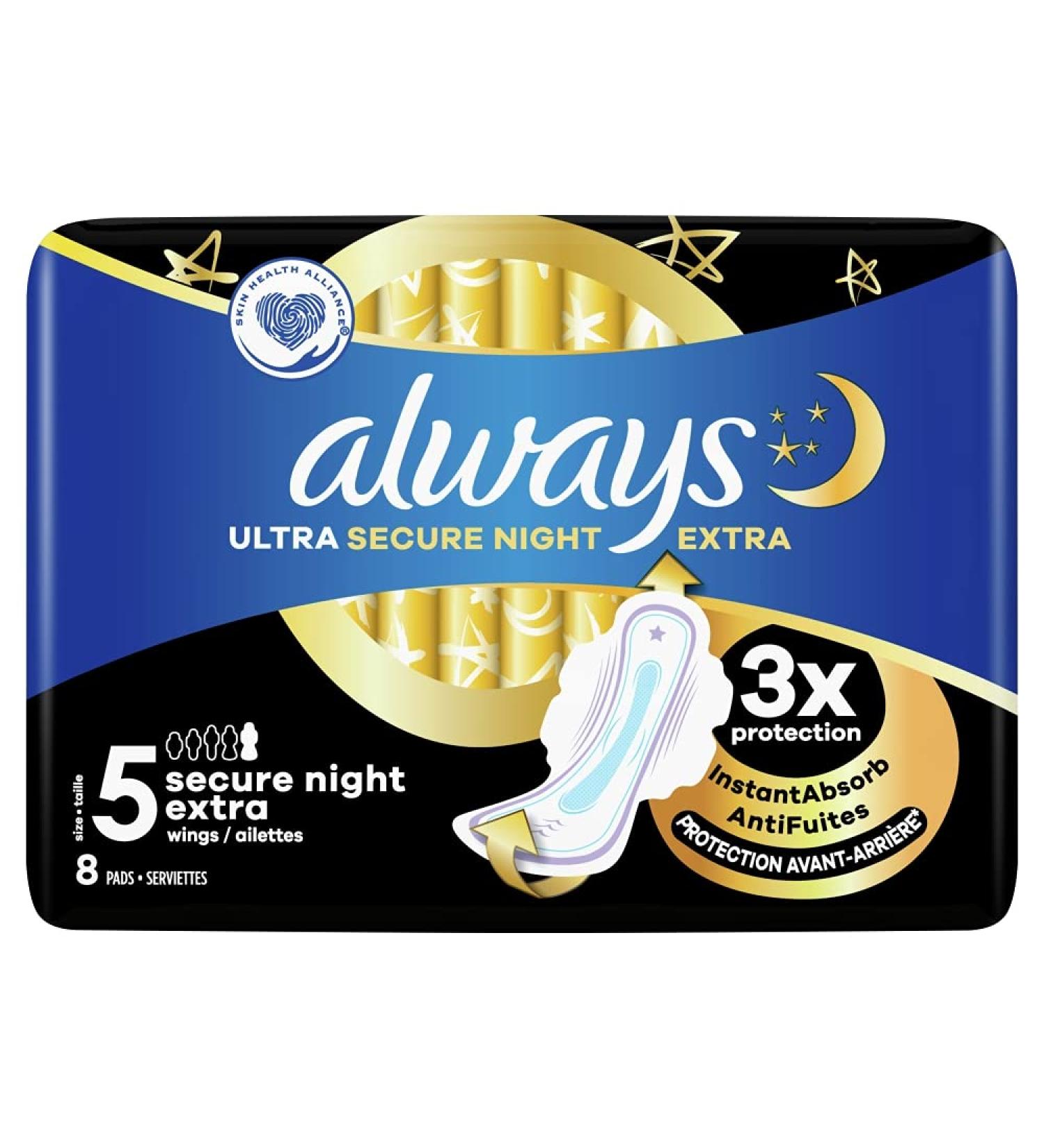 Always 8X Ultra Sanitary Pads Secure Night Extra Size 5 with Wings - 8 Count Pack - Ultimate Protection for Overnight Comfort - Buy Online on GoSupps.com