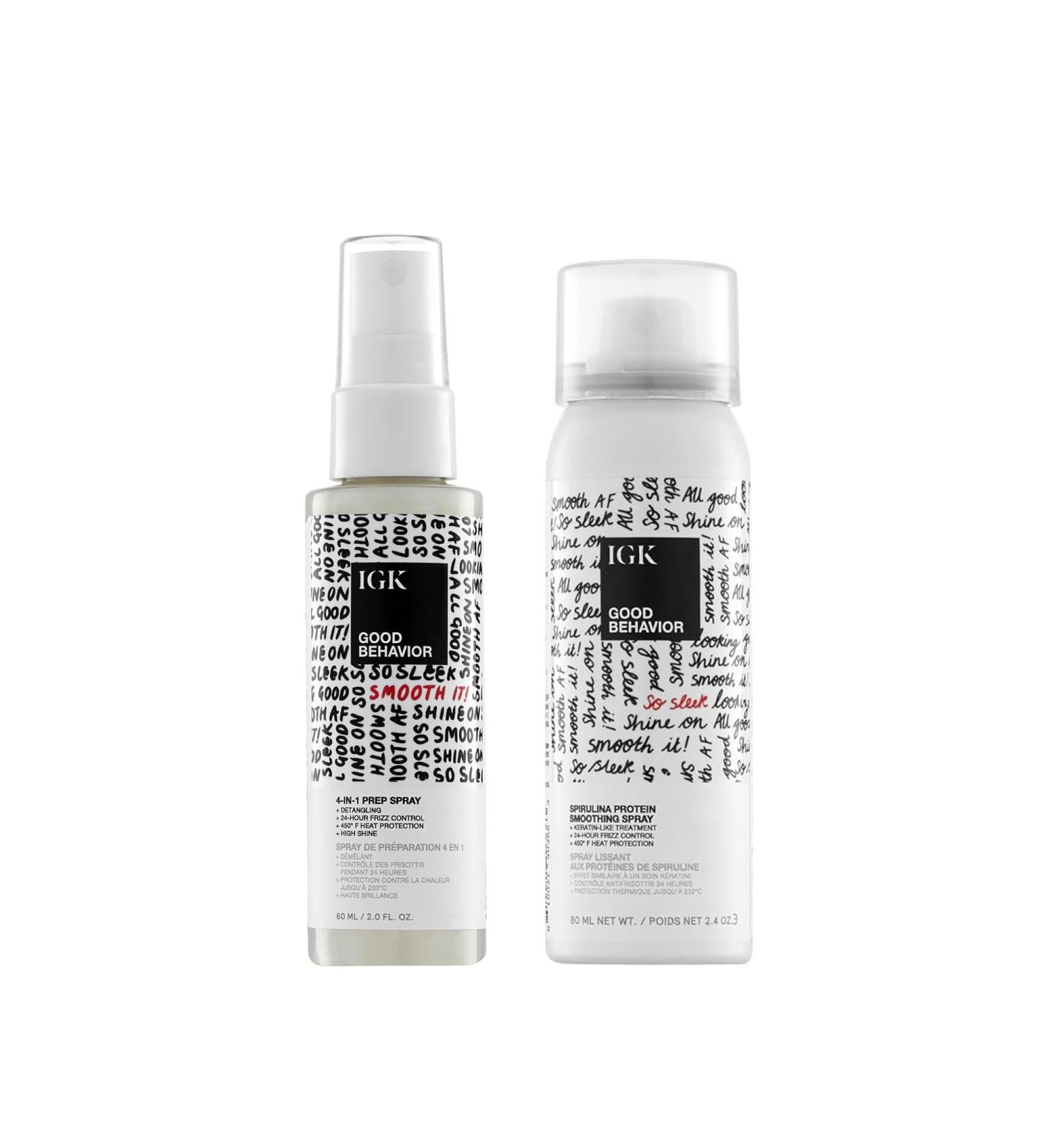 IGK GOOD BEHAVIOR Smoothing Frizz Fighters Travel Set | 4-in-1 Prep Spray + Spirulina Protein Smoothing Spray | Frizz Control + Heat Protectant | Vegan + Cruelty Free Good Behavior 2 Fl Oz + 2.4 Fl Oz (Pack of 2) - Buy Online on GoSupps.com