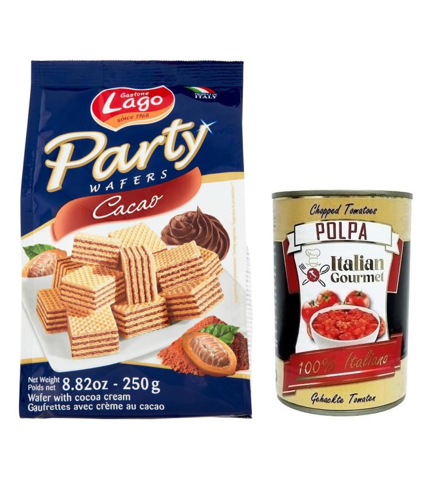  Italian Gourmet E.R. Gastone Lago Party Wafers Cocoa Waffles with Cocoa Cream 250g + Gourmet Italian Polpa di Pomodoro 400g Box - Buy Online on GoSupps.com