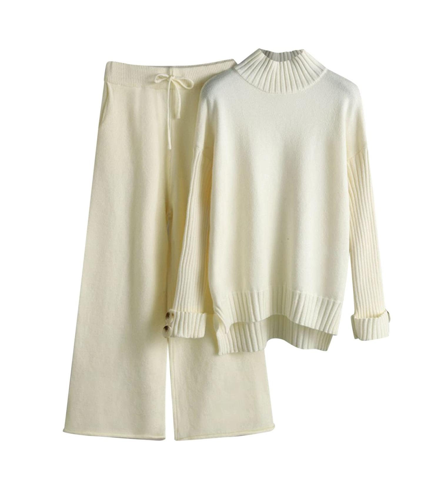 Women's Knitted Evening Pants Suit Set | High Collar Sweater | Autumn/Winter Thermal Beige - Buy Online on GoSupps.com