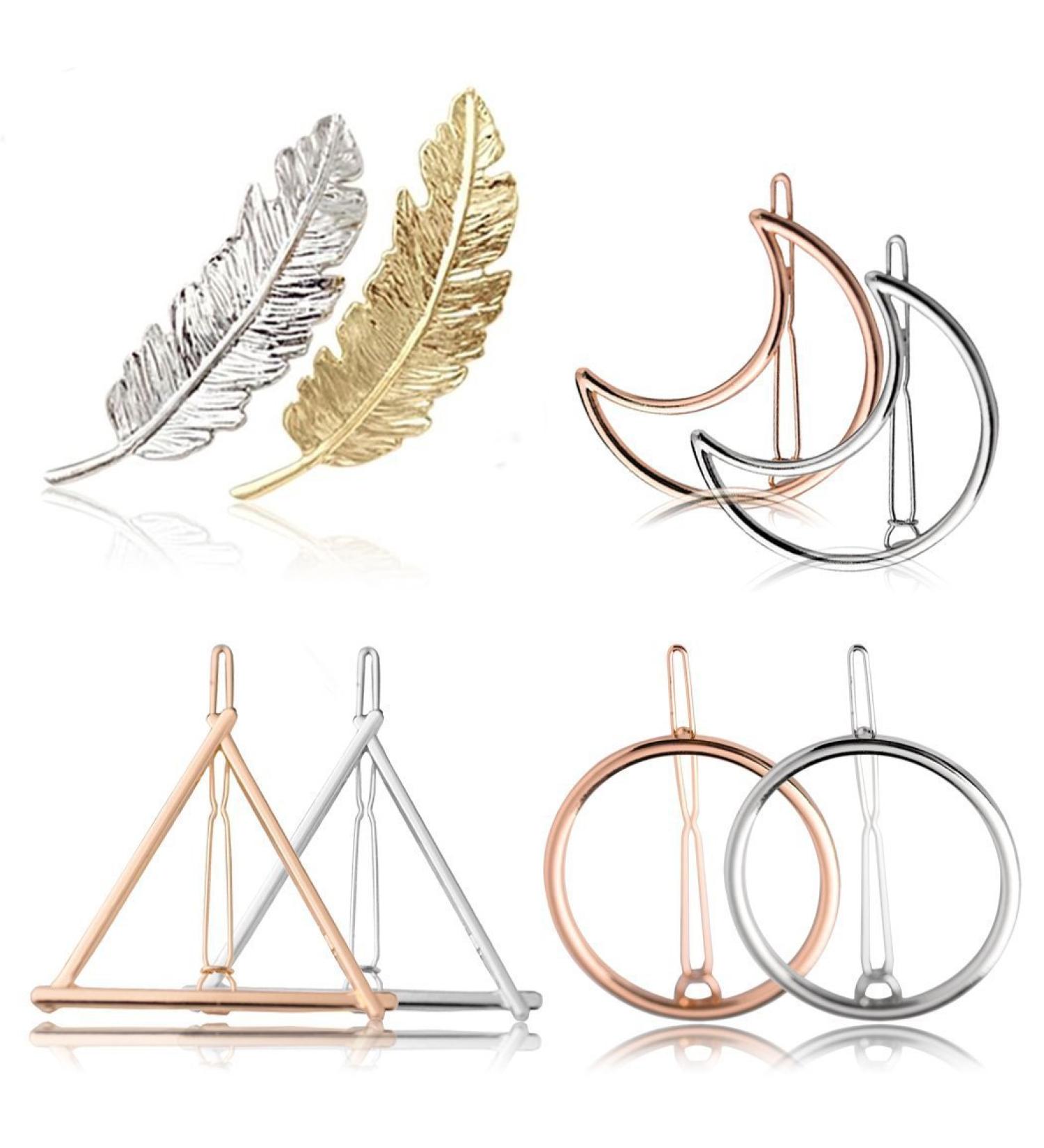 8Pcs Hair Clip Set Moon Triangle Circle Feather Shaped Hairpin Hair Barrettes Styling Accessories for Women (Gold and Silver) - Buy Online on GoSupps.com