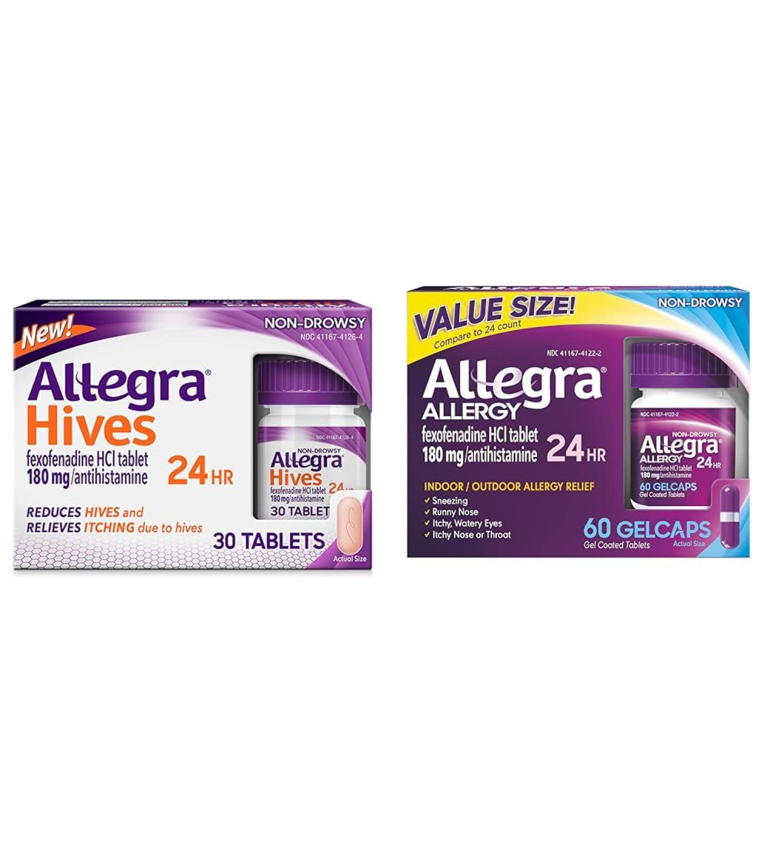 Allegra Hives Non-Drowsy Antihistamine Tablets 30-Count 24HR Hives Reduction & Itch Relief 180mg & Adult 24HR Non-Drowsy Antihistamine Gelcaps 60-Count Fast-Acting Allergy Symptom Relief 180 mg - Buy Online on GoSupps.com