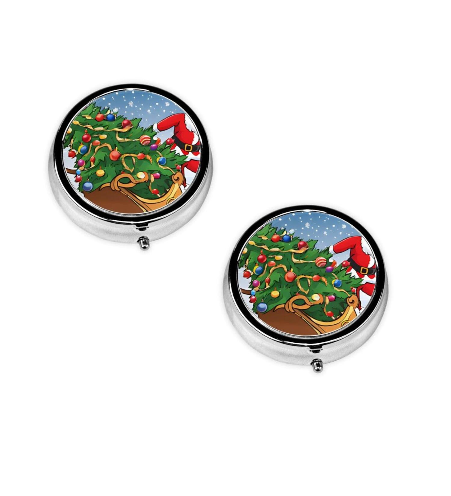 Merry Xmas Mini Round Pill Box | 3 Compartment Portable Pill Organizer for Travel Home & Office Use - Buy Online on GoSupps.com