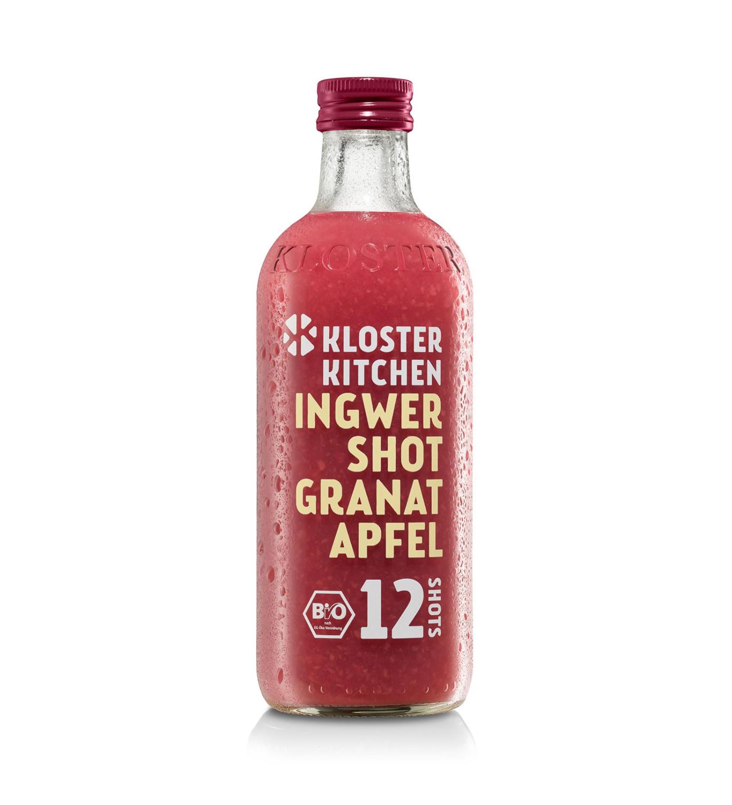 Kloster Kitchen Organic Ginger Shot Pomegranate 12SHOTS 360 ml with ginger pieces I vegan I glass bottle I mild-spicy without additives & (incl. 0.25 non-returnable deposit) - Buy Online on GoSupps.com