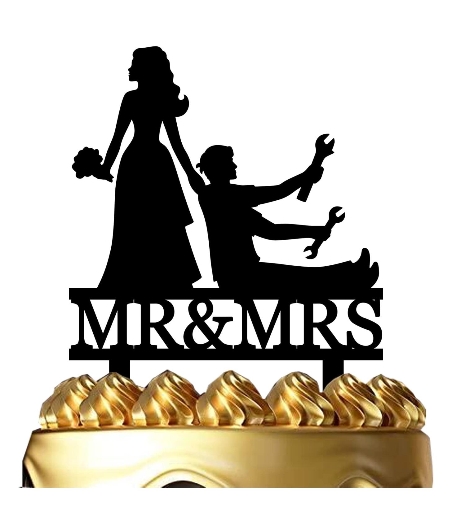 Funny Wedding Cake Topper - Bride Dragging Groom who is holding Repair Tools - Repairman Couple Cake Topper Mr&Mrs Wedding Cake Topper (Repairman Couple) - Buy Online on GoSupps.com