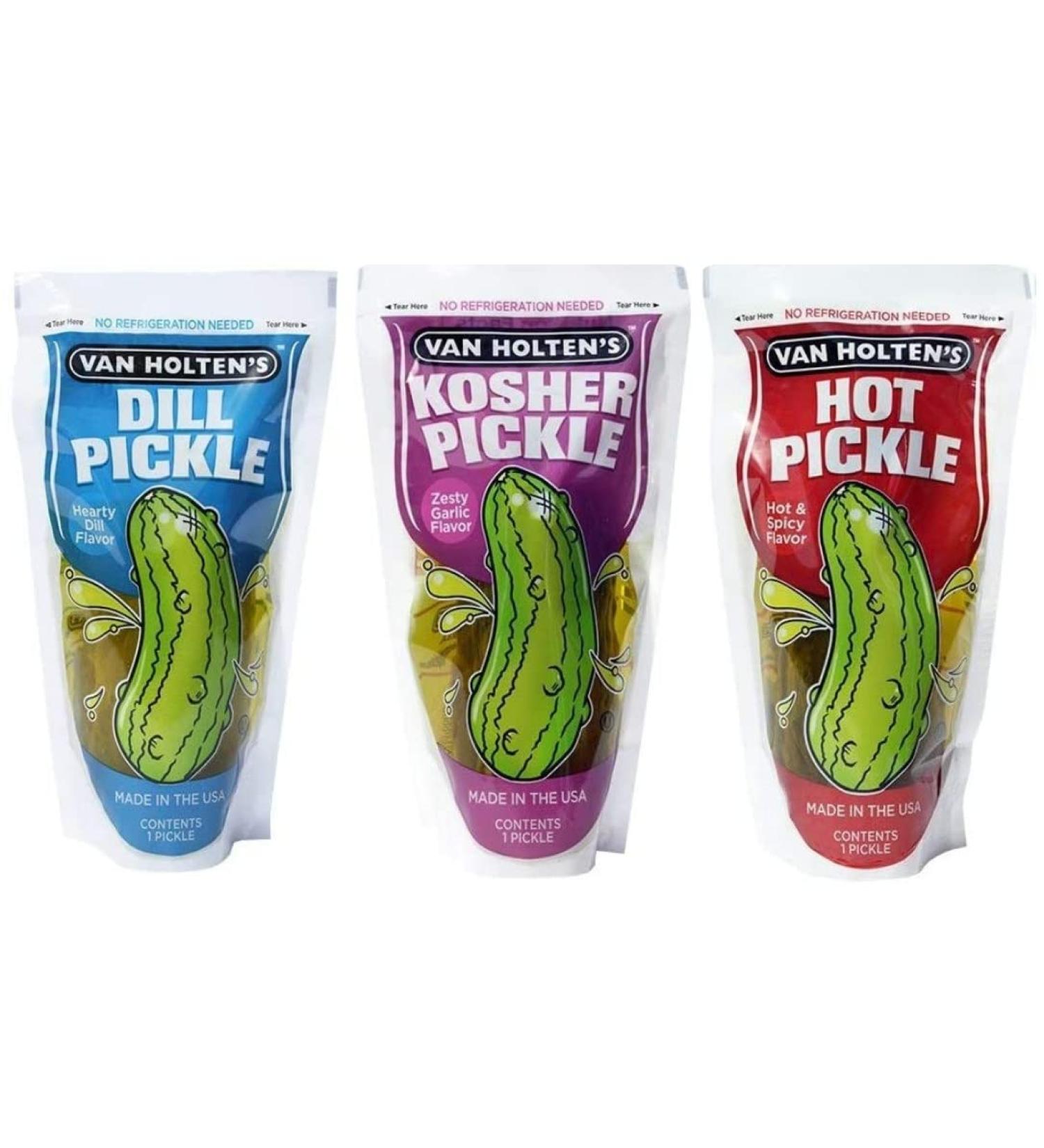Van Houltens Jumbo Pickle in A Pouch Variety Pack - 3 Flavours - Kosher Garlic - Hot and Spicy - Dill (3 Pack)