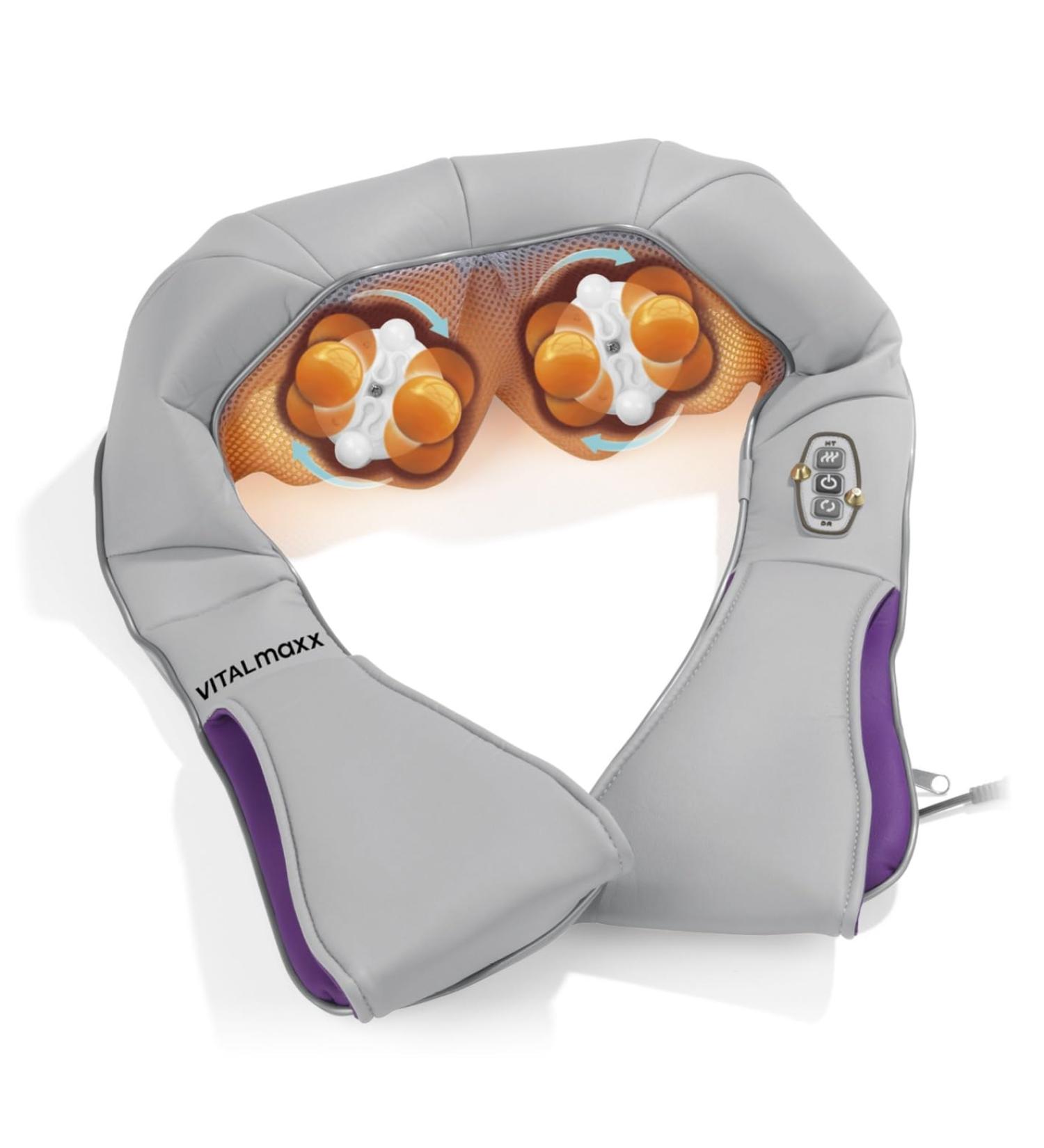 Vitalmaxx Shiatsu Neck Massage Device - 3-in-1 Kneading Vibration & Heat Therapy for Neck Shoulders Back & Legs | 4 Rotating Massage Balls | Gray/Lilac - Buy Online on GoSupps.com