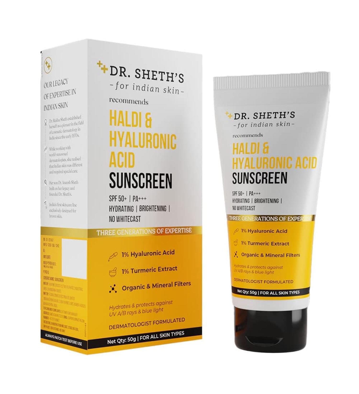 Haldi & Hyaluronic Acid Sunscreen SPF 50+ | Hydrating & Brightening with Turmeric Extract | Protects Against Blue Light | 50g - Buy Online on GoSupps.com