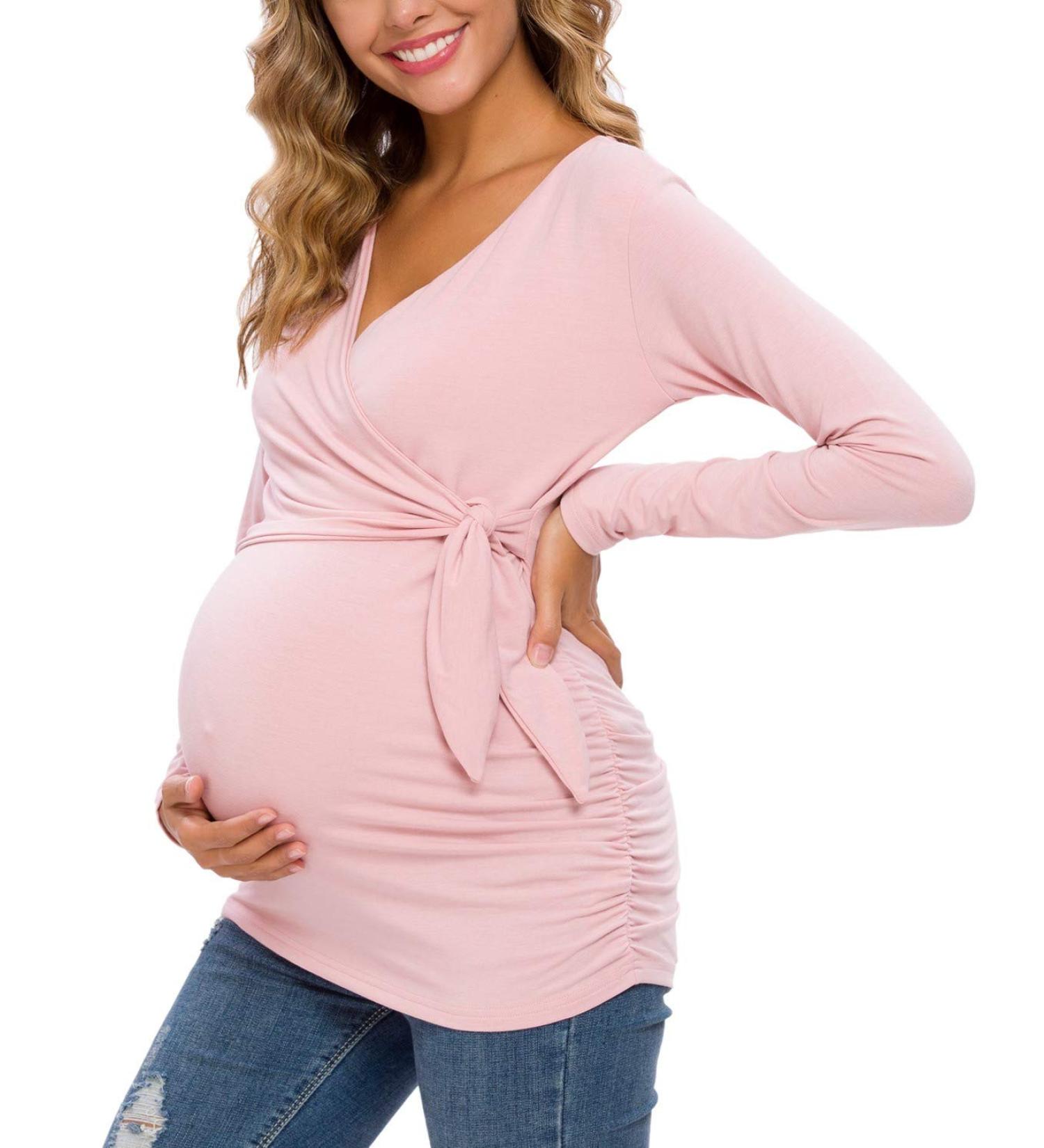 Love2Mi Women Maternity Breastfeeding Top - Long Sleeve V-Neck - Cute Maternity Clothes - Dark Pink - Size S - Buy Online on GoSupps.com