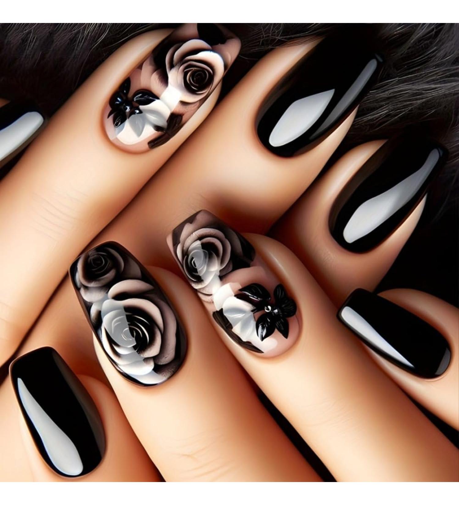 Black Press on Nails - Medium Square Flower Design Glossy Ombre Acrylic Full Cover Kit - 24Pcs for Women | International Shipping - Buy Online on GoSupps.com