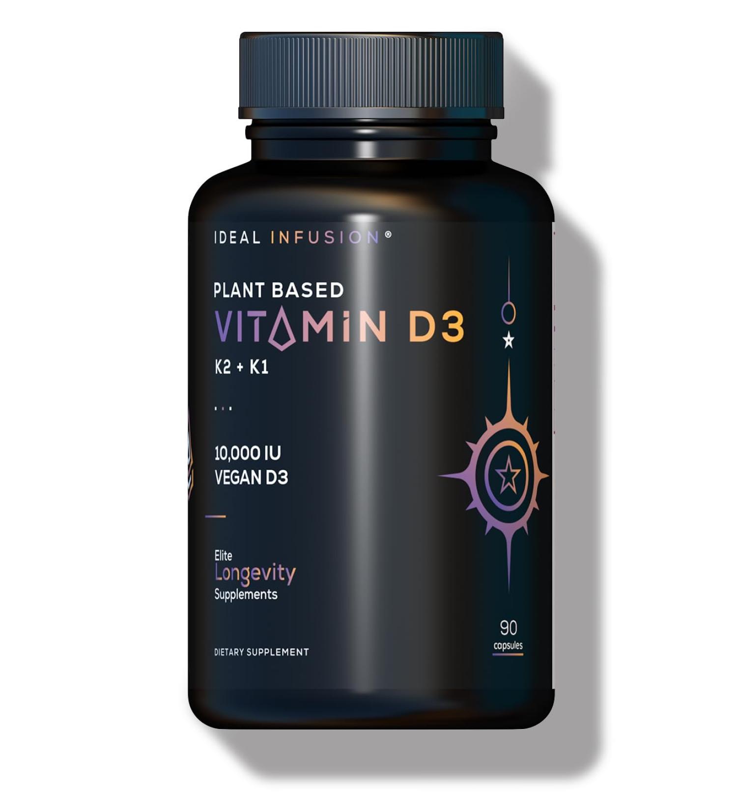 Ideal Infusion Plant Based Vitamin D3 + K2 + K1: Vegan D3 10 000iu - Patented Coconut MCT Powder for Max Absorption - Immune Support & Bone Structure (90 Servings) Burp-Free Capsules - Buy Online on GoSupps.com
