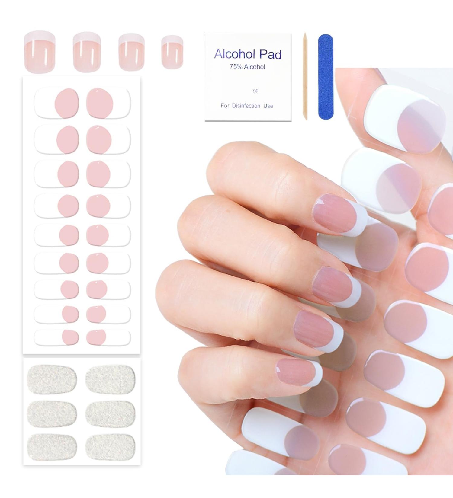Semi Cured Nail Wraps - 24PCS French Manicure Gel Nail Strips | Long Lasting French Tip Stickers with Soft Glossy Finish - Buy Online on GoSupps.com