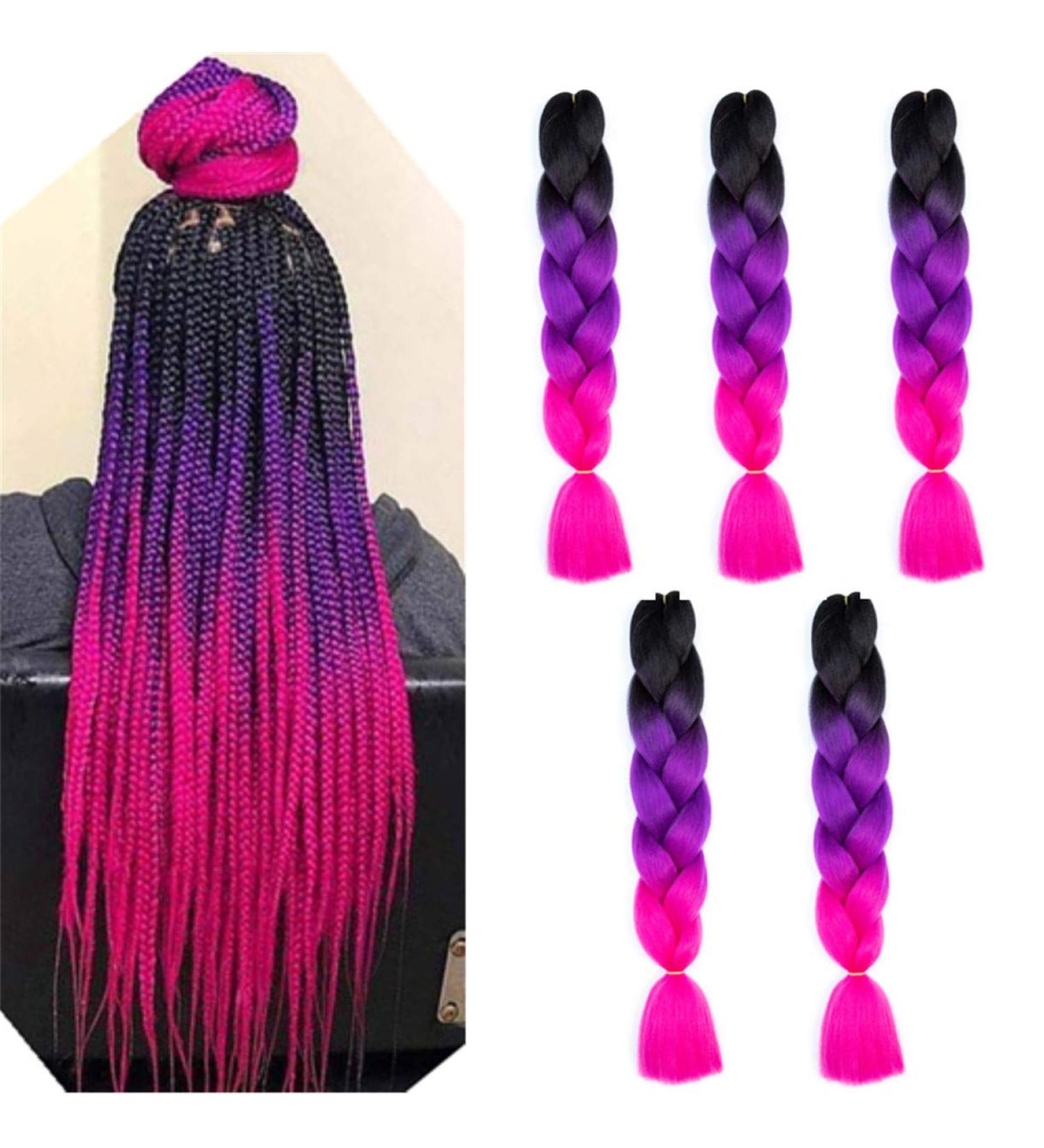 5PCS Jumbo Ombre Kanekalon Pre Stretched Braiding Hair Extensions - 24 Inch High Temperature Synthetic - Burgundy Blonde Kids Hair - Black Purple Rose - Buy Online on GoSupps.com