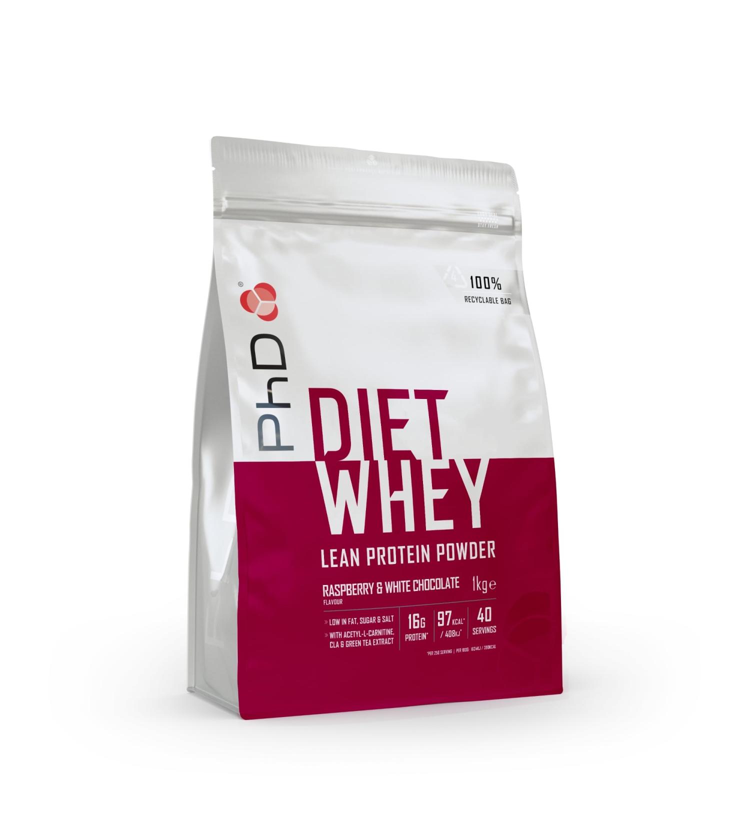 PhD Nutrition Diet Whey Protein Powder - 17g Protein Low Calorie 3.3g BCAAs Raspberry & White Chocolate Flavor 1kg Bag (40 Servings) - International Shipping Available - Buy Online on GoSupps.com
