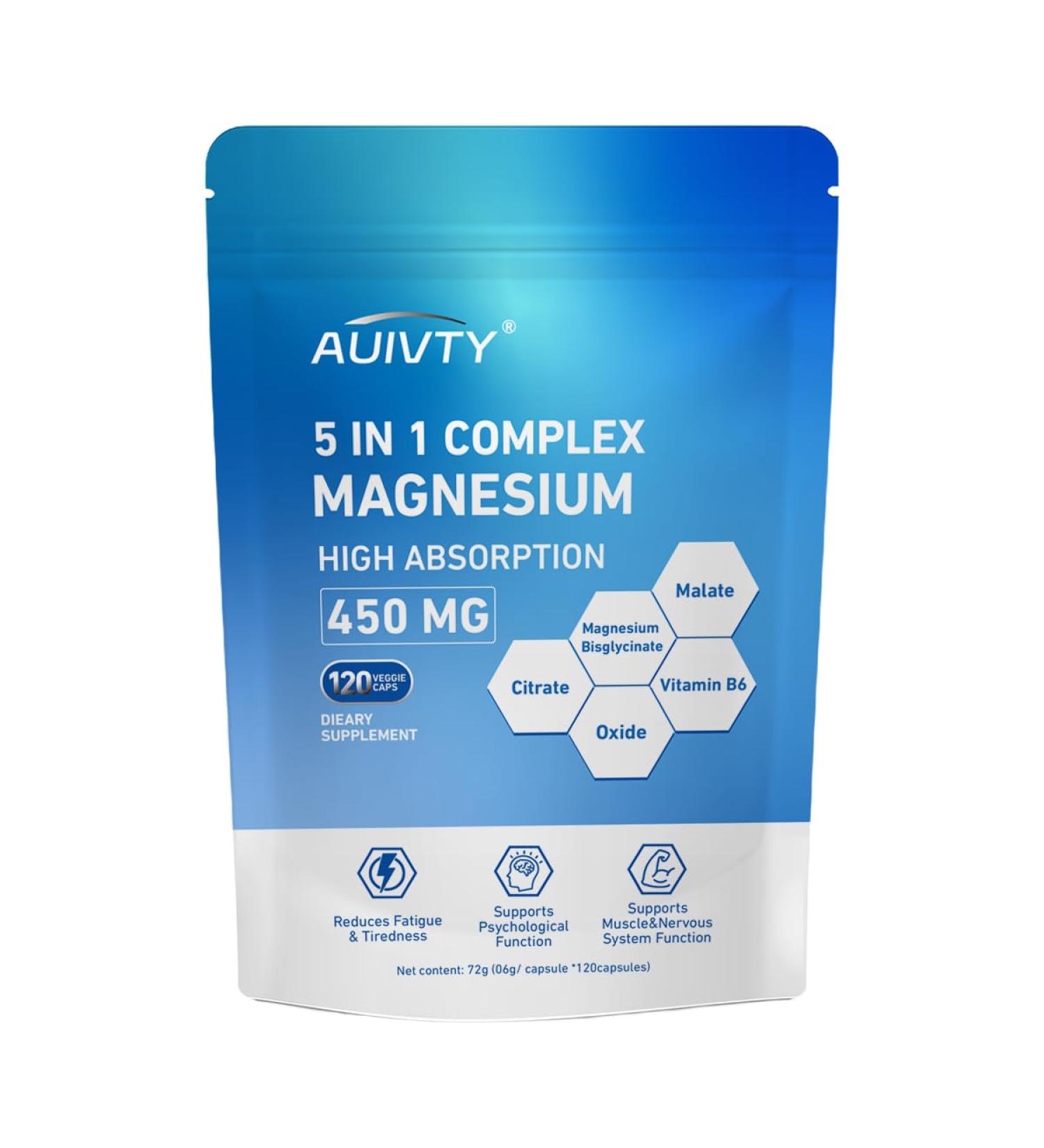 Auivty 5-in-1 Magnesium Complex 450 mg High Absorption Magnesium Glycinate Malate & Citrate with Vitamin B6 Muscle Nerve & Relaxation Support 120 Veggie Capsules - Buy Online on GoSupps.com